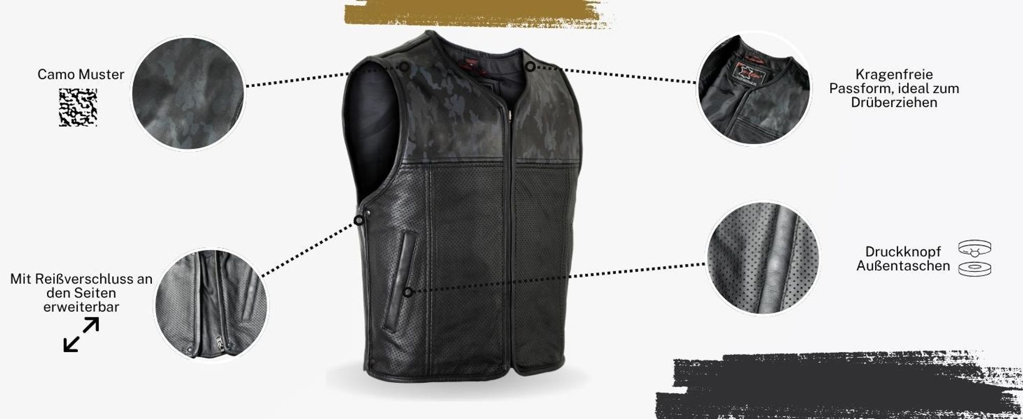 Herren Biker Black Camo Lederkutte Lederweste Motorrad Custom Kutte Perforiert(XL)