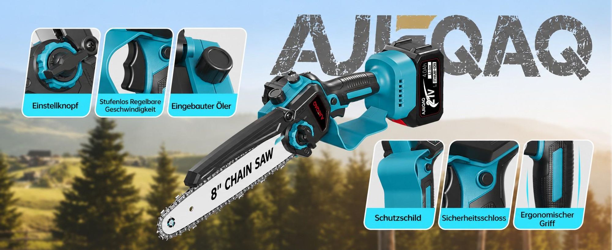 Akku-Kettensäge 6/8 Zoll, 2-in-1 Mini Kettensäge Brushless, 1500W, 2×21V 4,0Ah Akku, Automatische Kettenschmierung, Werkzeuglose Kettenspannung