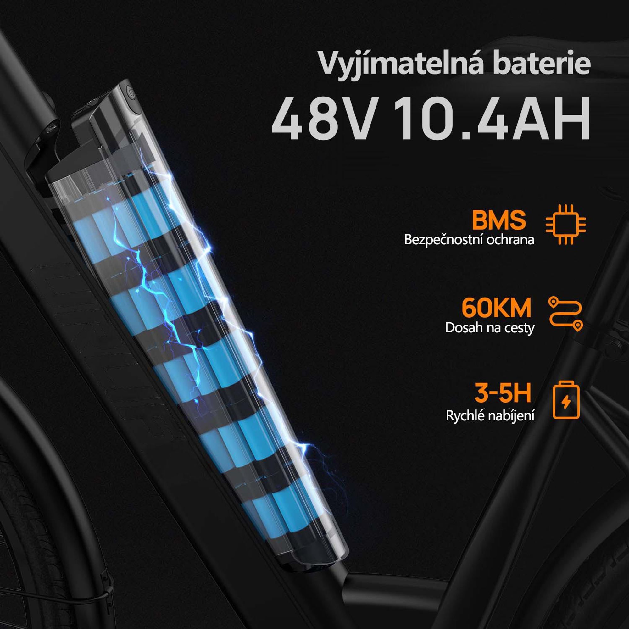 Elektrokolo URLIFE E26 - Motor 250W Baterie 48V10.4Ah 26palcové pneumatiky Kotoučové brzdy - Černé