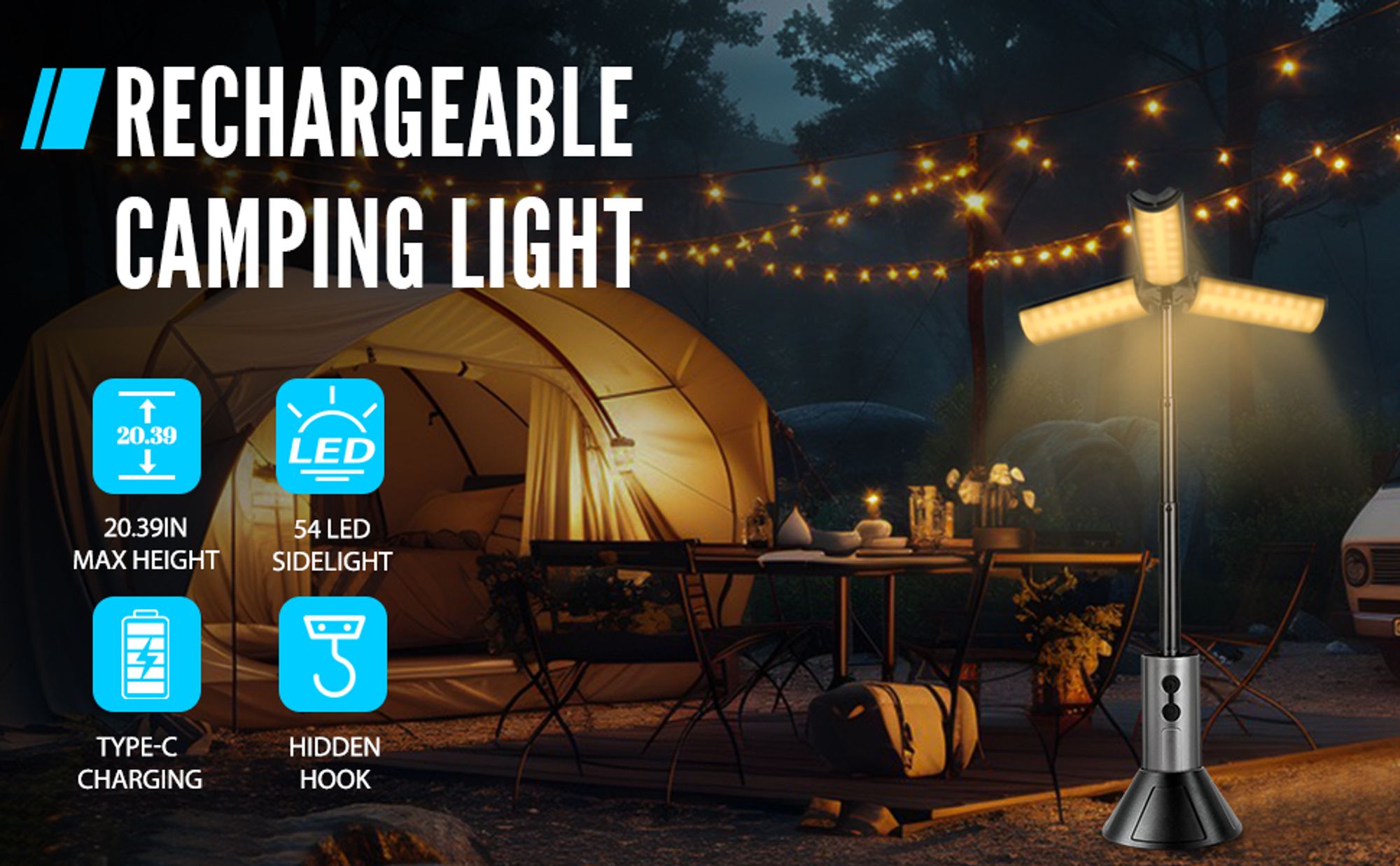2-in-1einziehbare Campingleuchte,tragbare faltbare Campingleuchte,kabellose Taschenlampe,Campingausrüstung,3000mAh LED-Multifunktionslaterne mit Haken