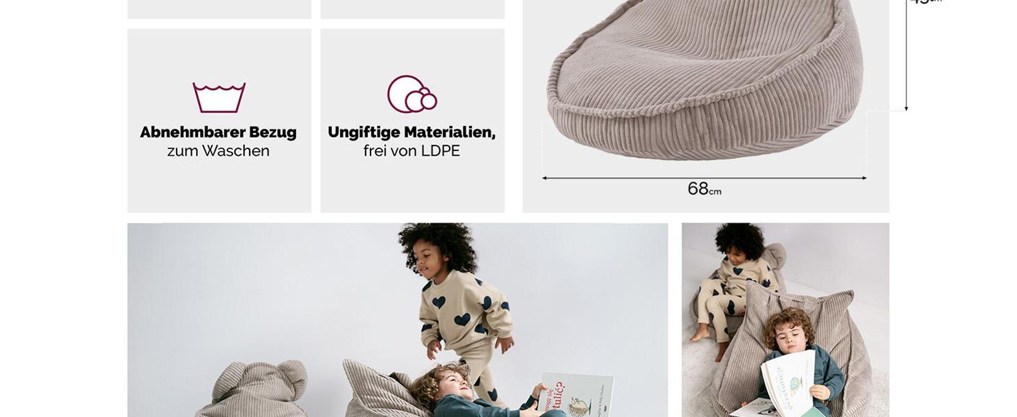 MISIOO Sitzsack Kinder – Big Bag Bean Bag – Waschbar –  – Stabile und Weiche Konstruktion – Cord-Material – 68x45 cm – Beige