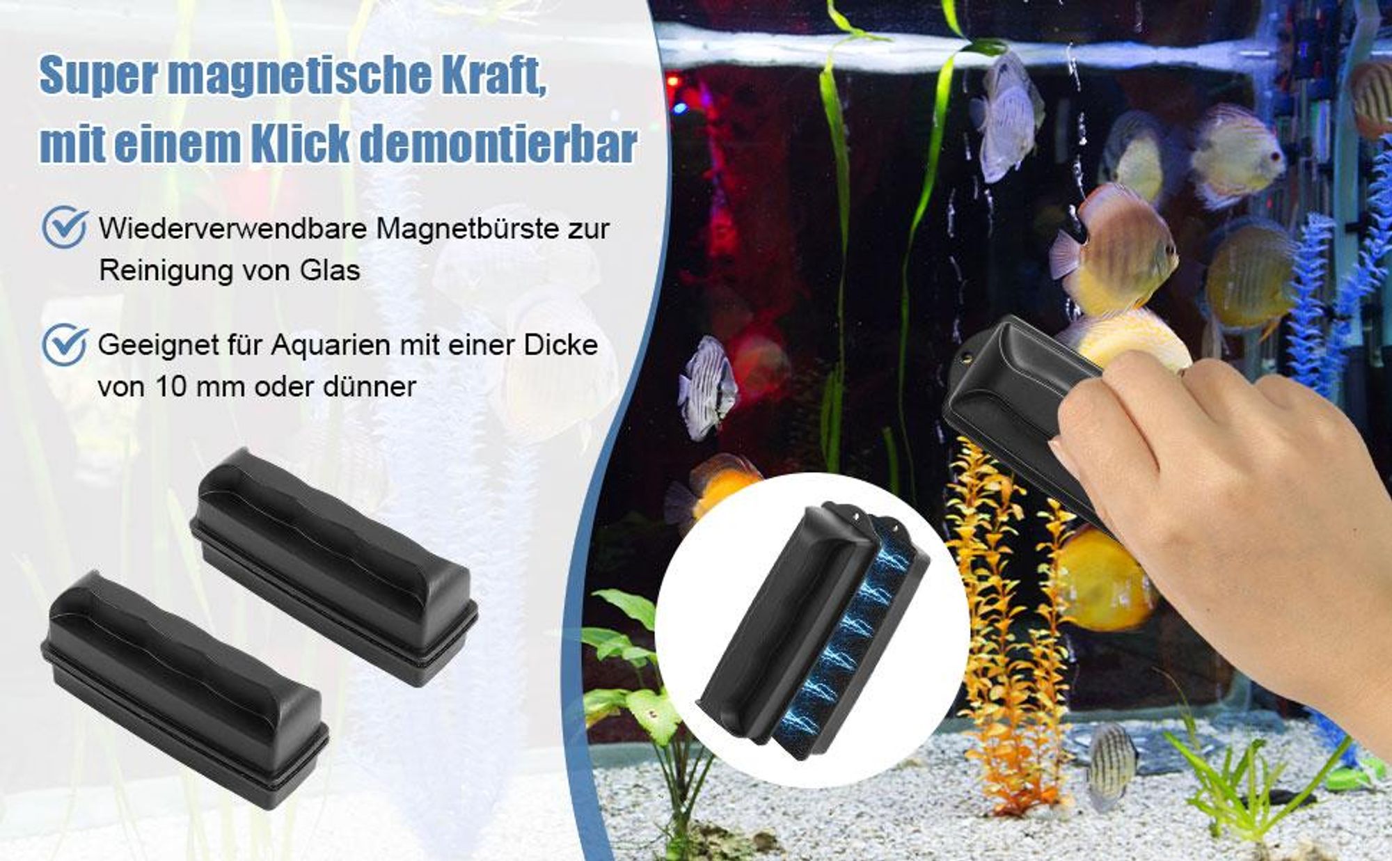Scheibenreiniger, Aquarium Reiniger Bürste magnetisch, Magnetscheibenreiniger, Algenmagnet Aquarium, Aquarium Scheibenreiniger