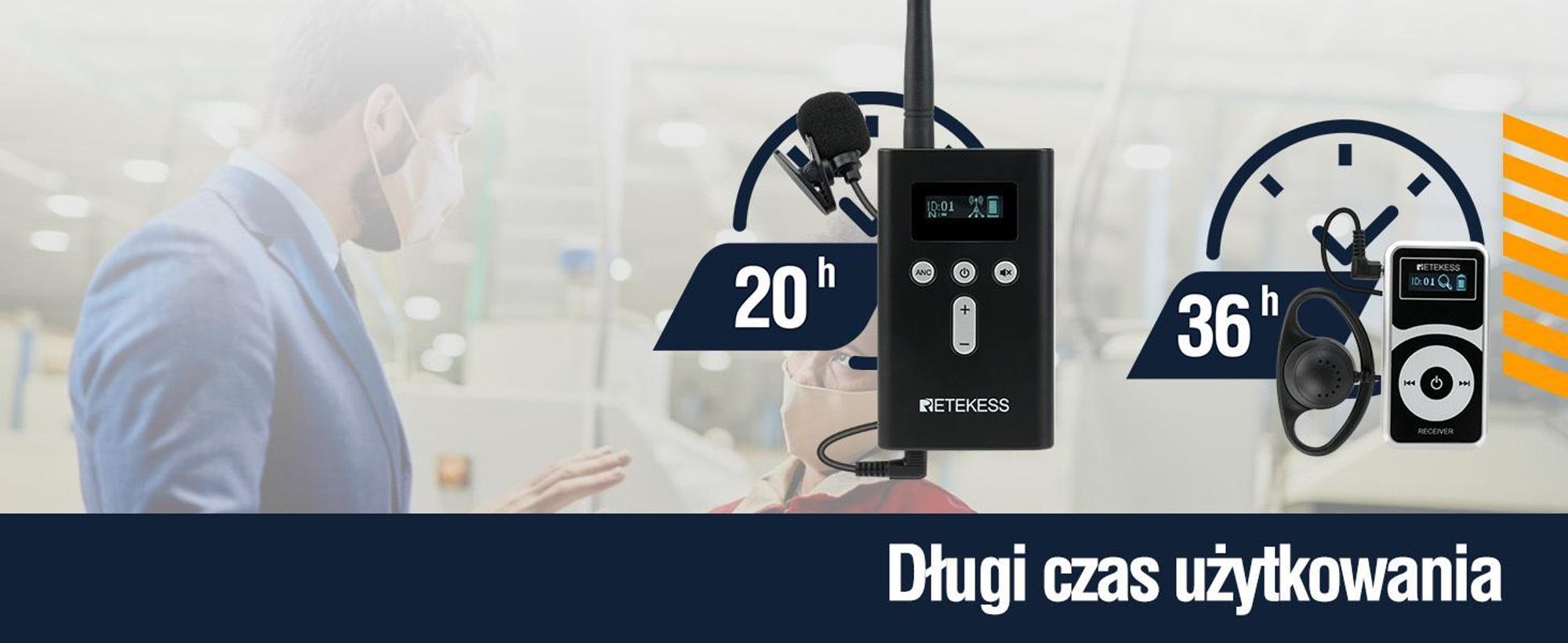 System przewodniczenia Retekess T130P, bezprzewodowy mikrofon, słuchawki dla przewodników, zaawansowana redukcja szumów, zasięg 160 metrów, długi czas pracy na baterii: 30 godzin