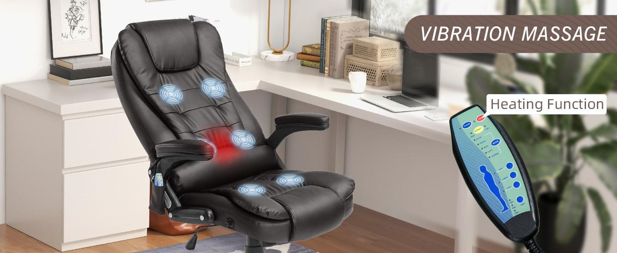 Fotel biurowy HOMCOM z funkcją masażu, ergonomiczny fotel biurowy z funkcją ogrzewania, funkcją odchylania i bujania, regulowany na wysokość i obrotowy w zakresie 360°, sztuczna skóra, brązowy