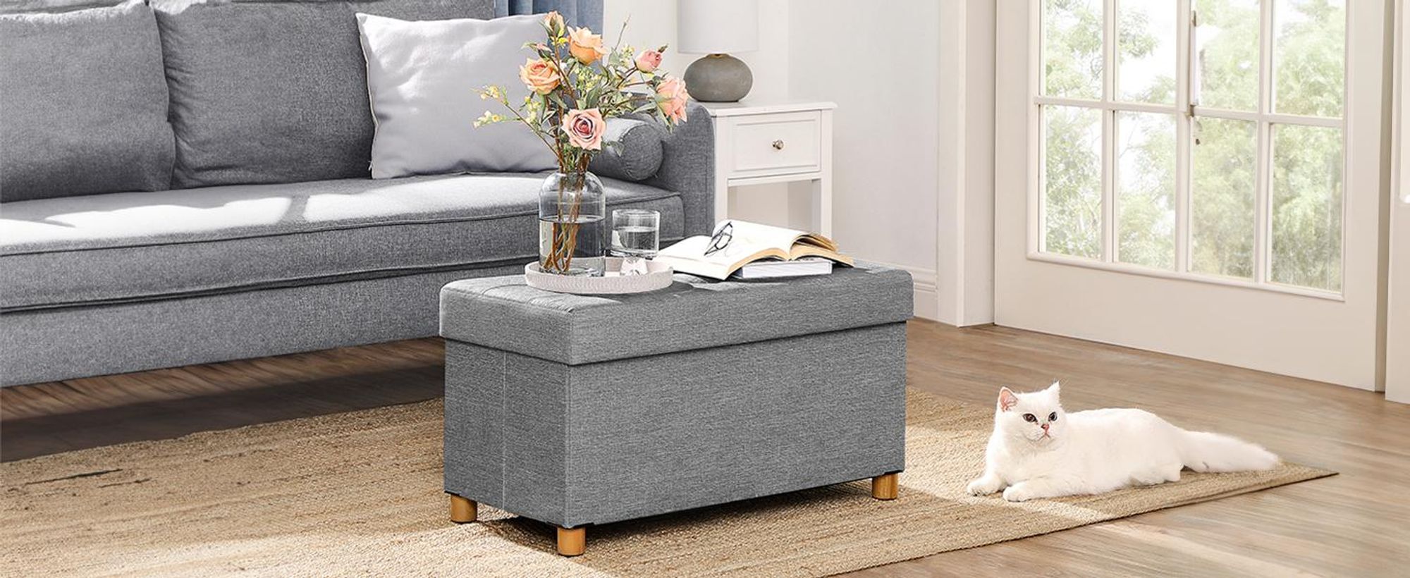SONGMICS Sitzhocker, 77L, klappbare Sitztruhe, Aufbewahrungsbox, Hellgrau