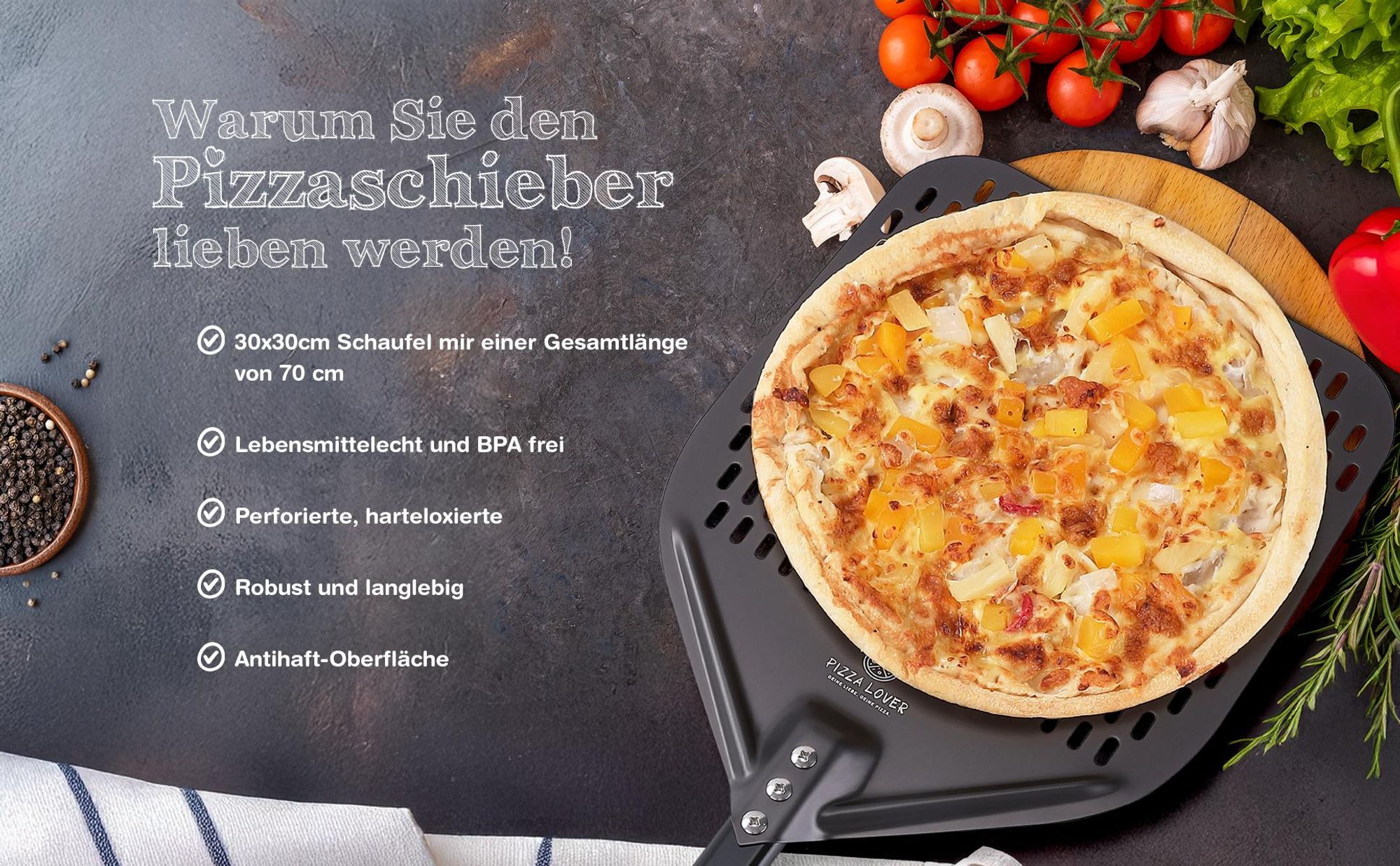 Pizza Lover Pizzaschieber Antihaft Robust Langlebig 30x30 cm Schaufel Lebensmittelecht Pizza