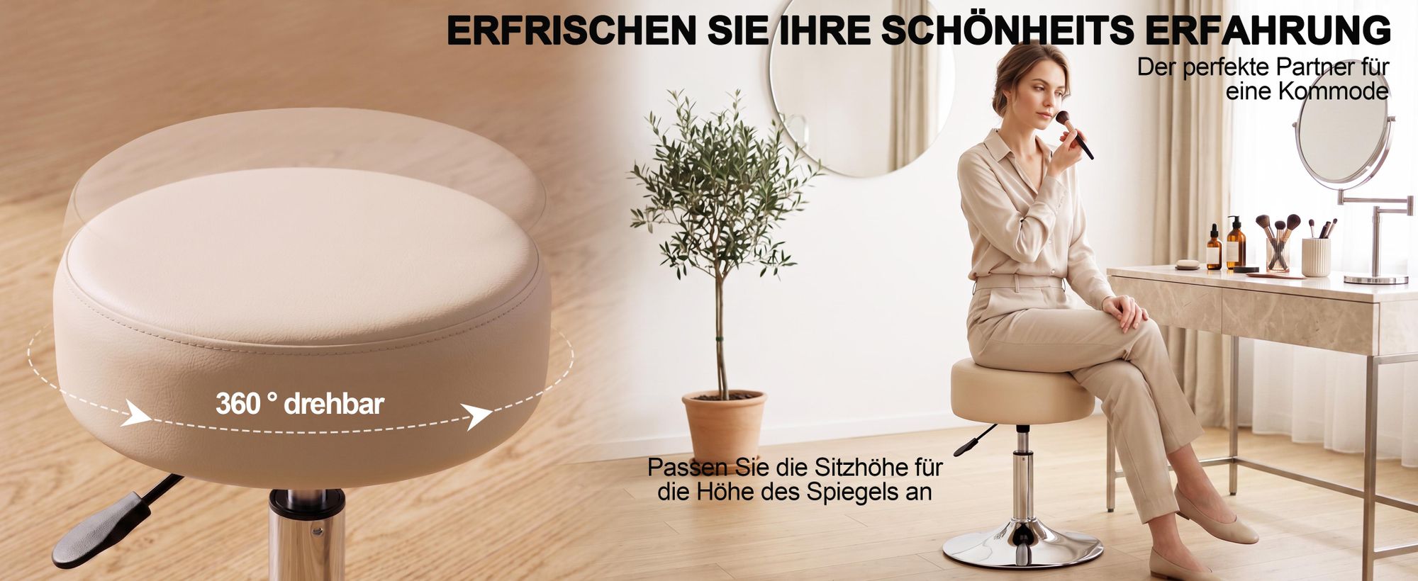 Duhome Drehhocker Schminkhocker Sitzhocker mit Polsterung Höhenverstellbar Drehbar aus Kunstleder, Creme