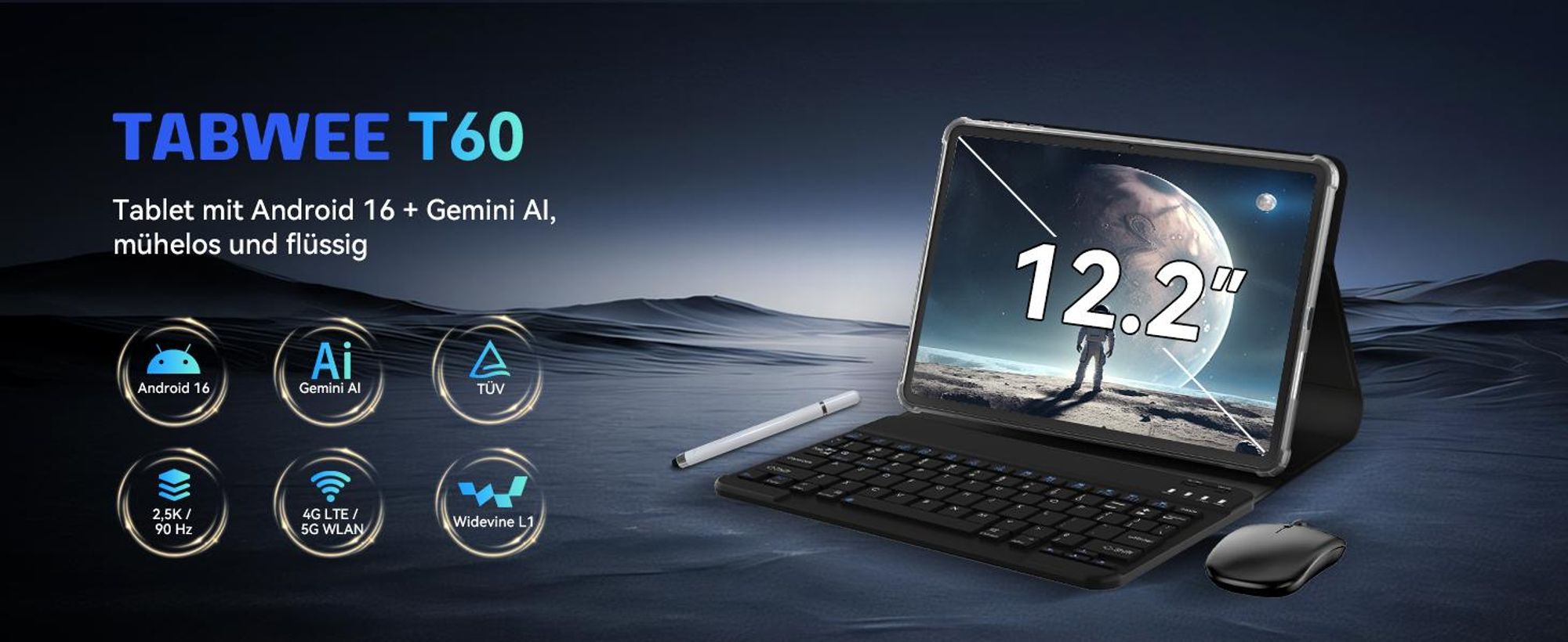 TABWEE T60 Android 16 Tablet, 12,2" 2,5K Display, 48GB RAM+256 GB ROM+ 2 TB TF erweiterbar, Octa-Core, 10.000 mAh und Gemini AI