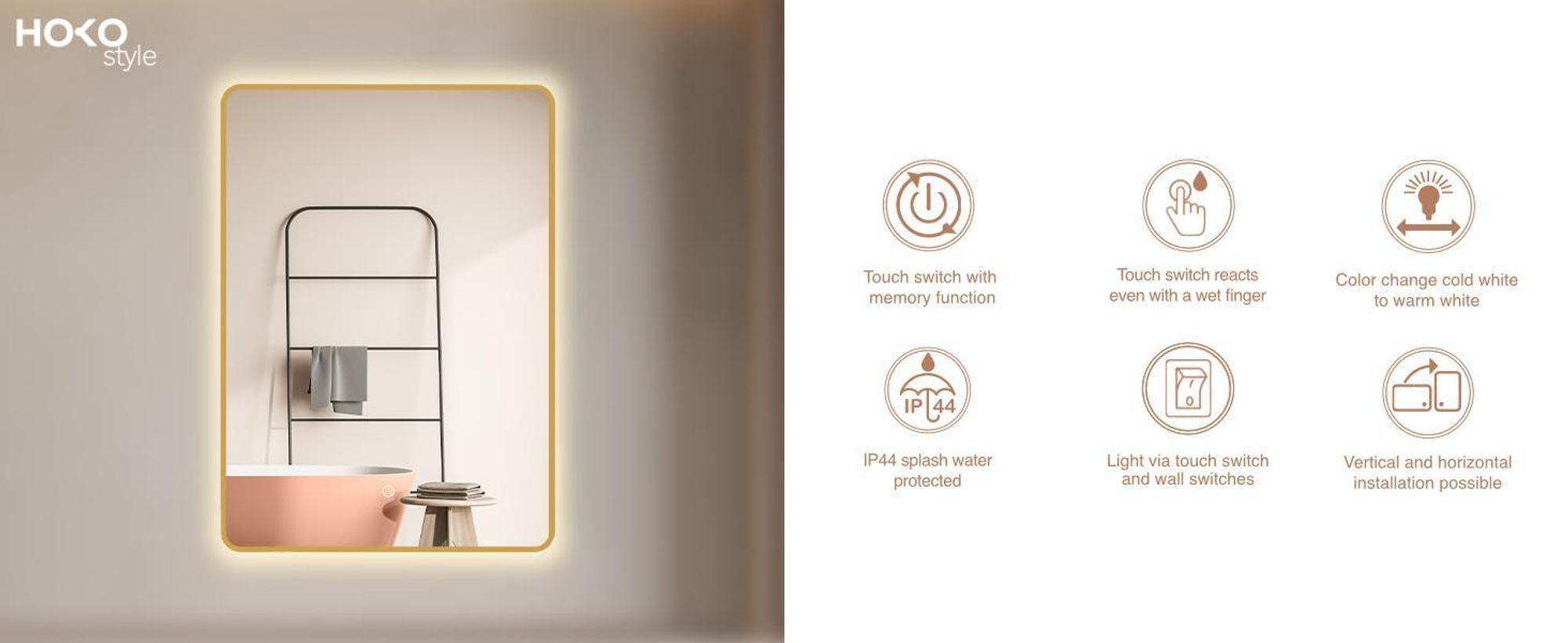 Miroir de salle de bain HOKO 70x100cm avec cadre+interrupteur tactile+alternance lumière blanc chaud/blanc froid/neutre. Lumière avec interrupteur tactile et allumage par interrupteur mural