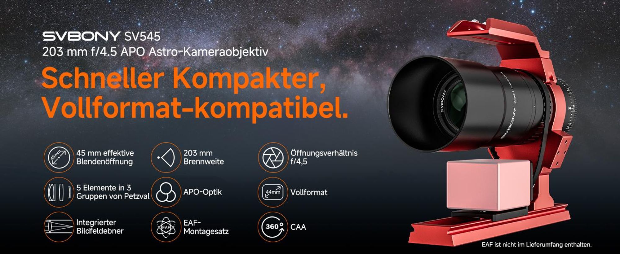 Svbony SV545 Petzval APO Teleskop, Refraktor Teleskop, f/4,5, 203 mm Brennweite, Eingebauter Bildfeldebner, unterstützt EAF,Vollformat Astrofotografie