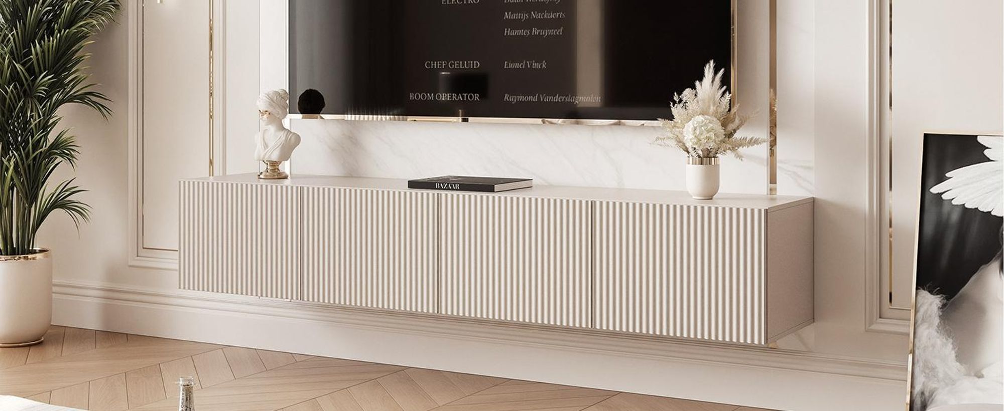 Idohome TV-Lowboard Angel 200 cm Kaschmir Matt -TV-Schrank, Hängeschrank, LED, Push-to-Open, Fernsehschrank, geriffelte Front, Medienmöbel, Wohnzimmer