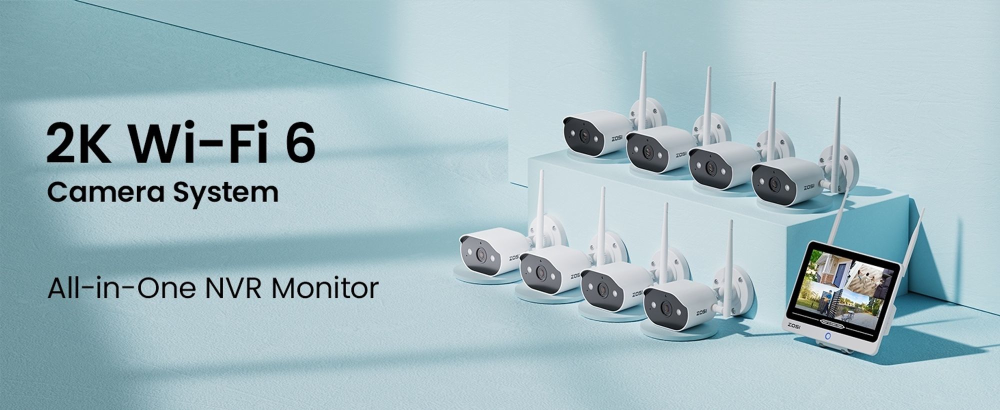 ZOSI 2K Wi-Fi 6 Überwachungskamera Set Aussen mit 12" Monitor NVR, 2TB HDD, 8X 3MP WLAN Kamera mit 2 Wege Audio, KI Personenerkennung, Farbnachtsicht