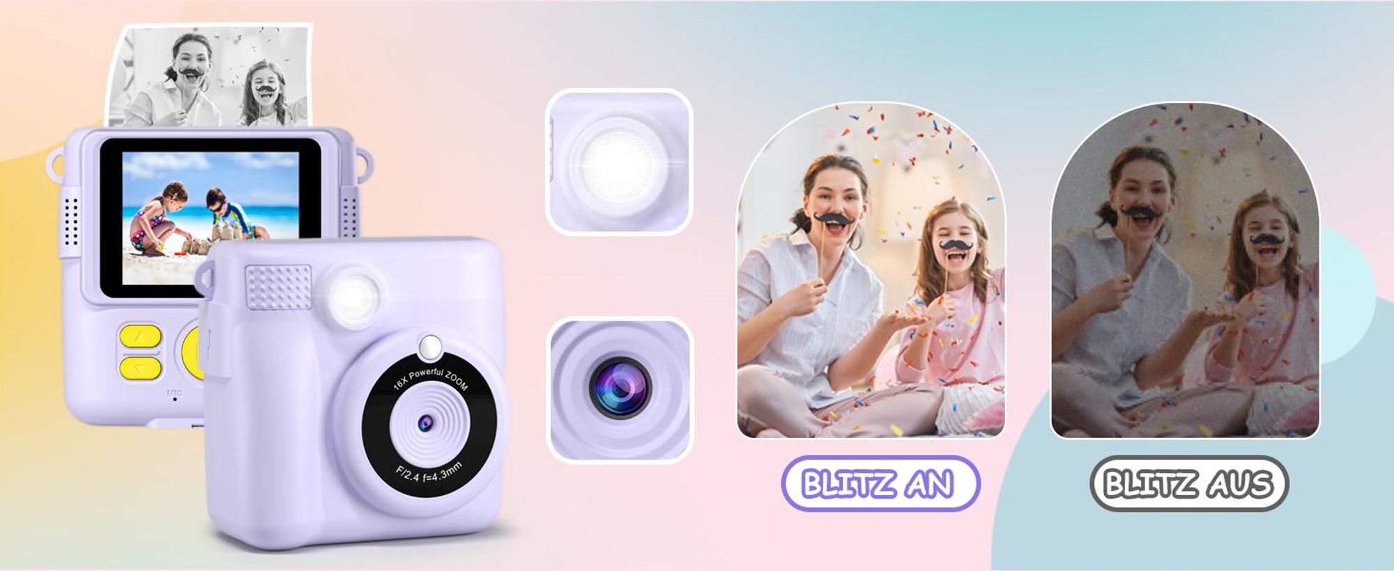 Kinderkamera, Sofortbildkameras, Sofortbildkamera, 1080P HD Sofortdruck von Fotos, 2.4 Zoll Bildschirm Digitalkamera mit 16x Digitalzoom, 32GB Karte