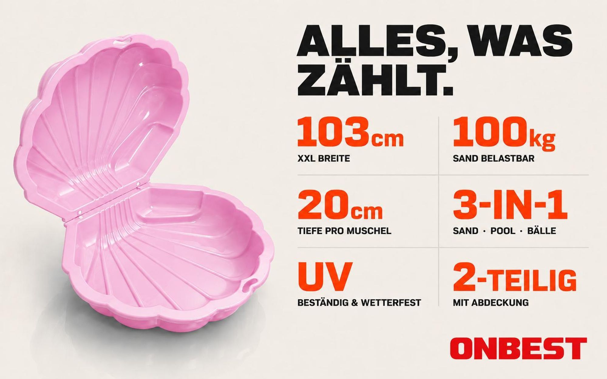 ONBEST Sandkasten 2in1 Sandmuschel mit Deckel | 100 kg | Kunststoff | Pink | ‎88 x 78 x 38 cm