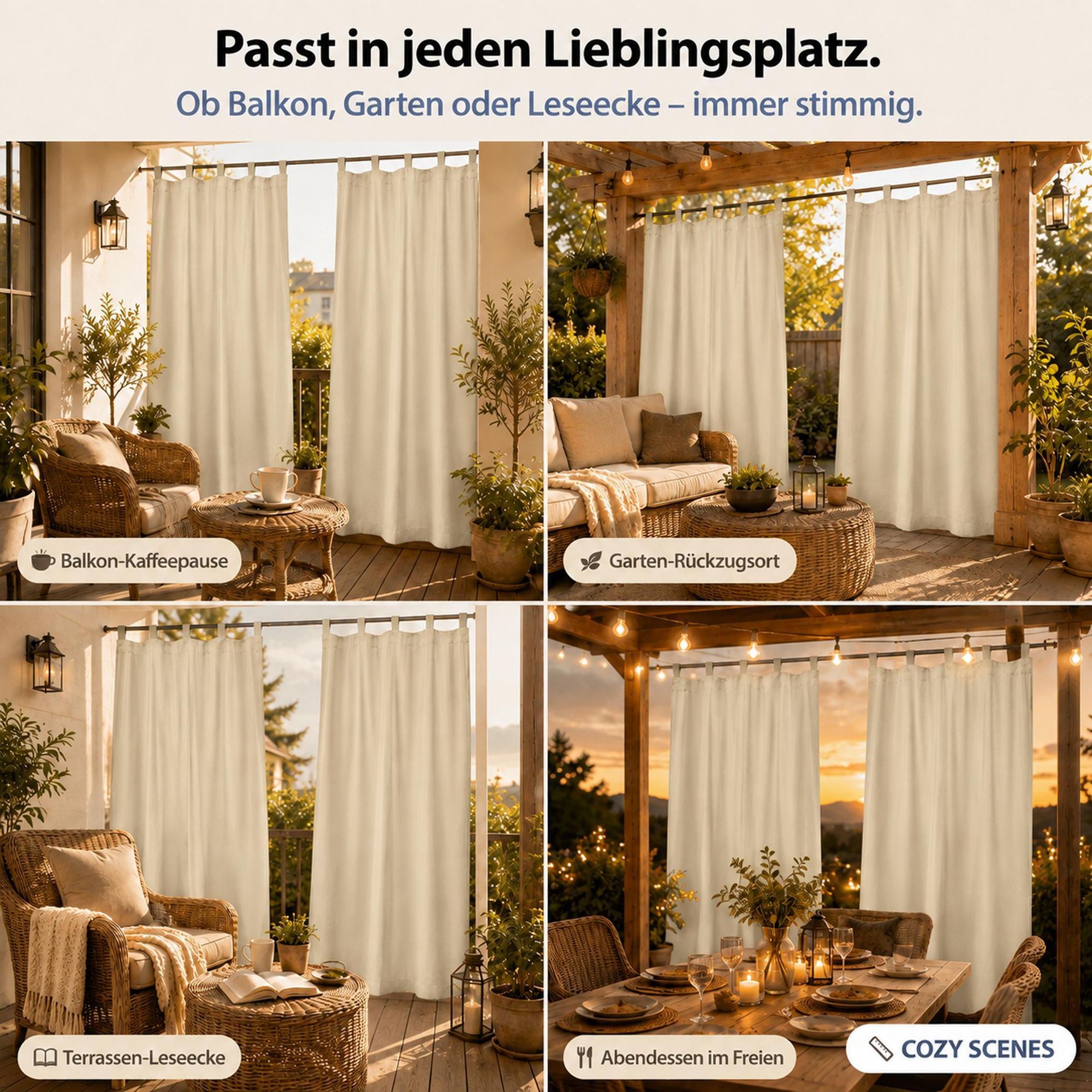 2Stk Outdoor Vorhang Wasserdicht mit Klettverschluss Schlaufen - Beige Thermovorhang Blickdicht Garten Terrasse Pergola Balkon B*H: 132x213cm