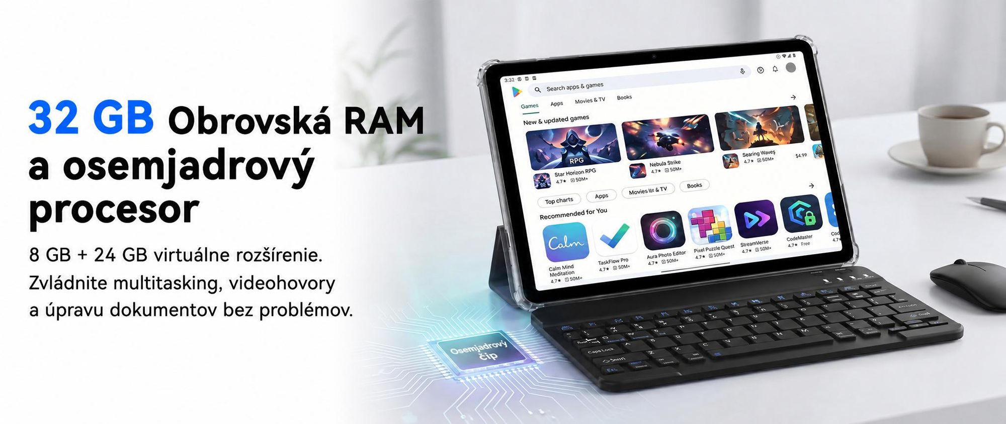 TABWEE T70, 11-palcový tablet, 32 (8+24) + 256 GB, Android 16, 8000 mAh batéria, Bluetooth 5.0, rozpoznávanie tváre, podpora Widevine L1, Rheinland. Súčasťou balenia je klávesnica, myš a stylus