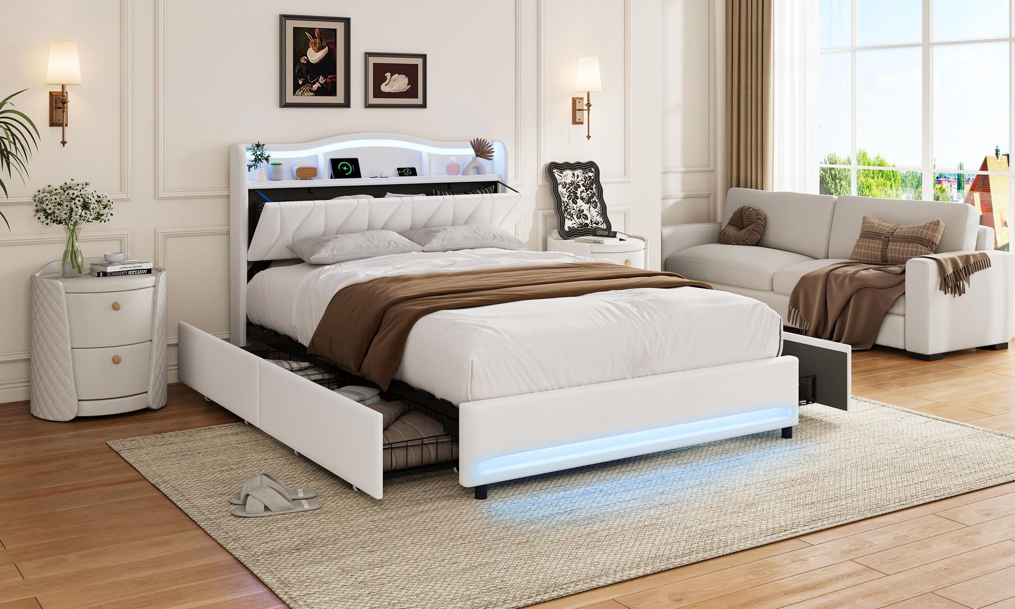 INONEFT Polsterbett 140x200 mit Stauraum Schublade, Doppelbett mit LED & USB, Jugendbett, Bettgestell mit Lattenrost, Stauraumbett, Samt,Beige
