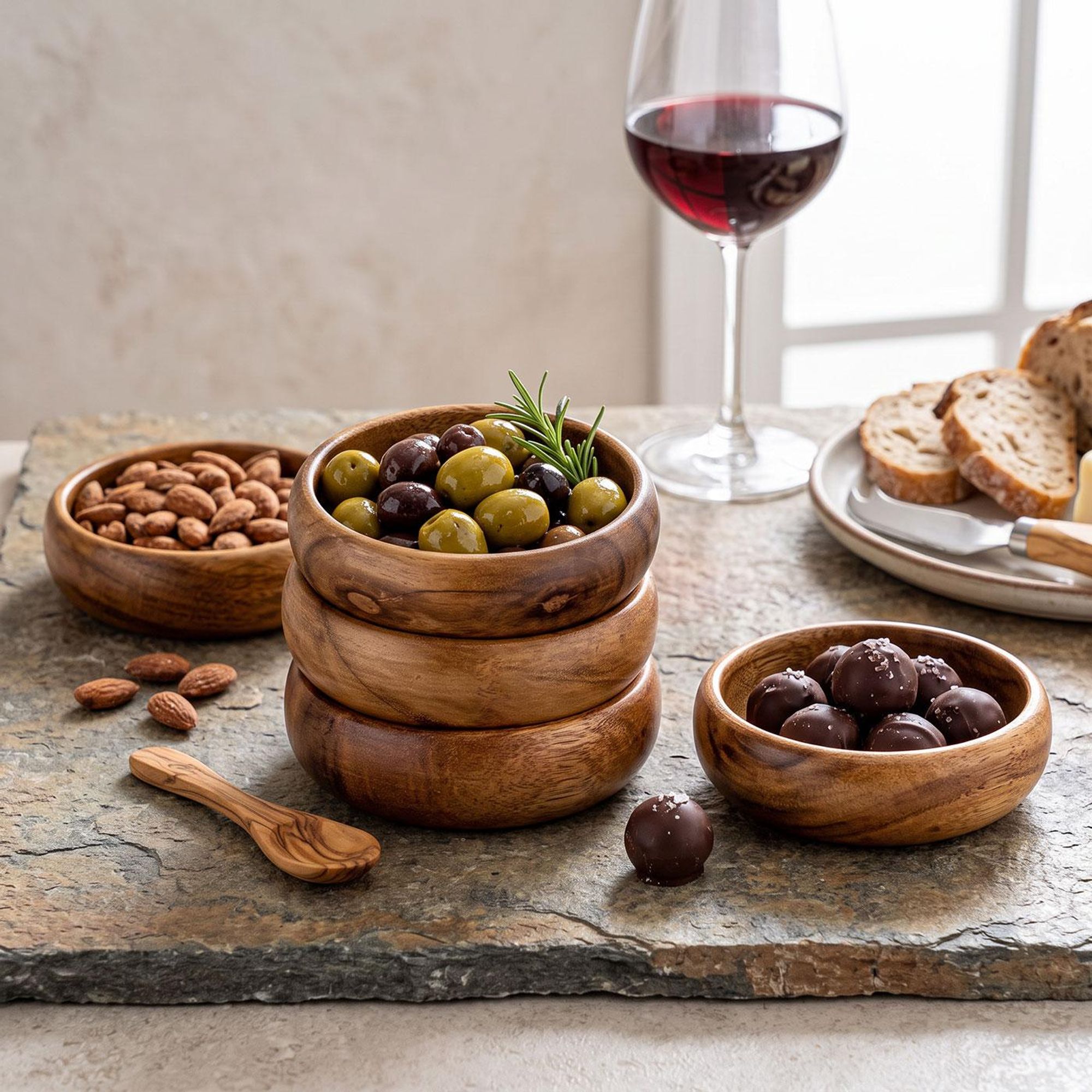 3er Set Snackschale Holz Akazie 10x3cm Rund Design Schale Obstschale Dekoschale