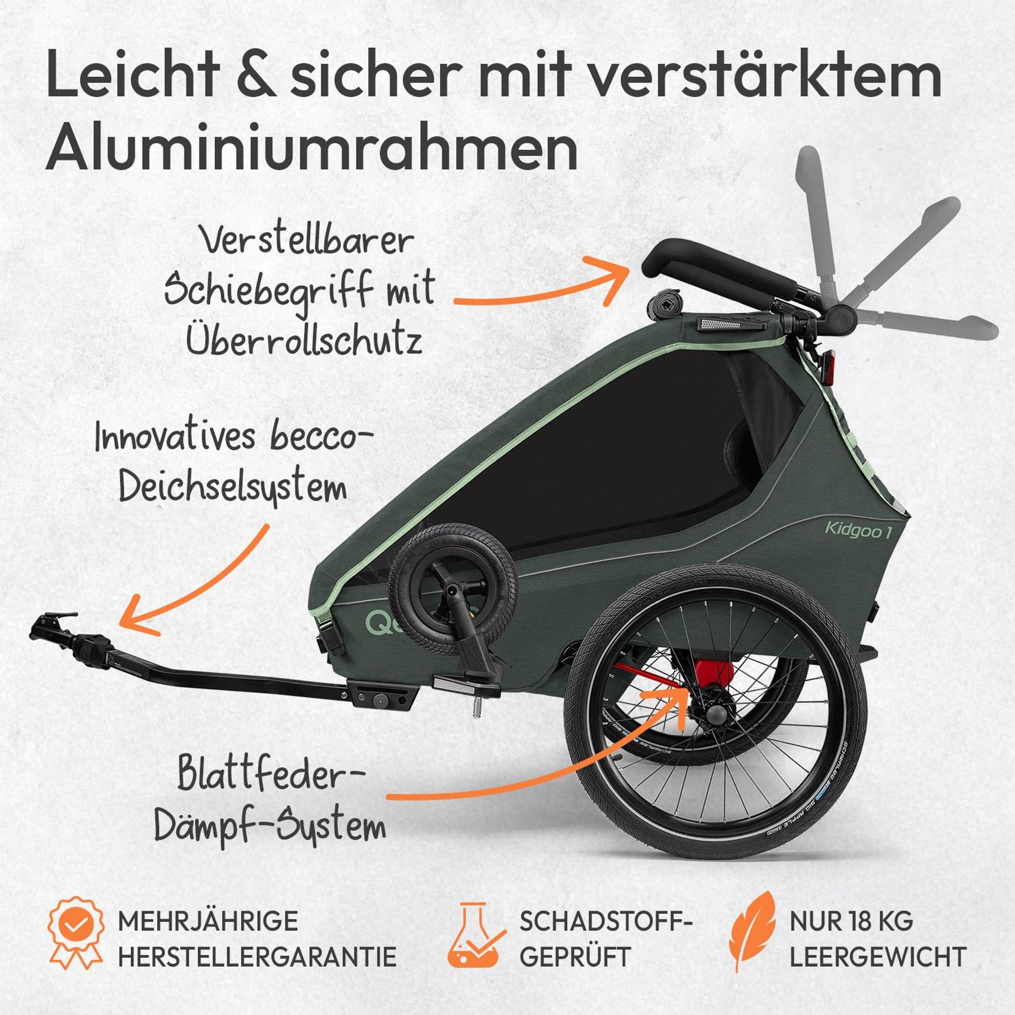 Qeridoo Kidgoo 1 - Kinderfahrradanhänger für 1 Kind, Farbe: Forest Green