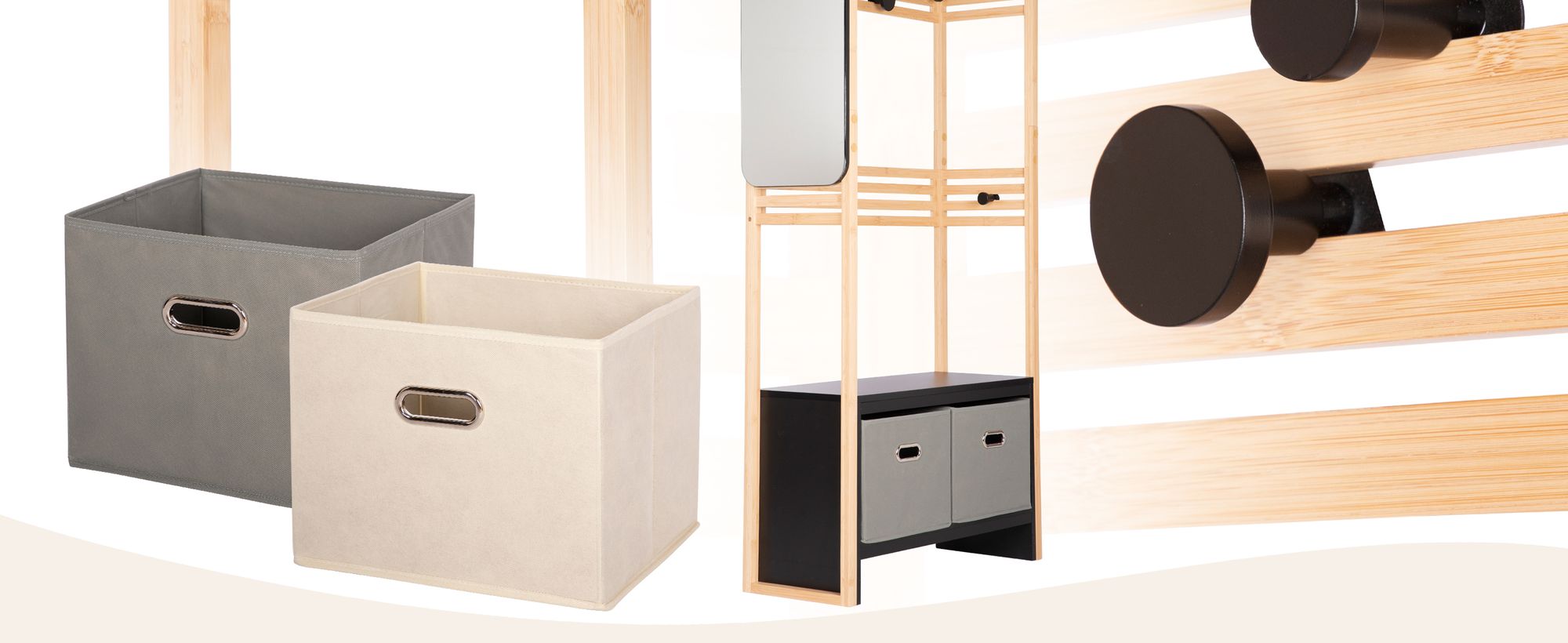 ONVAYA® Garderobenständer mit Spiegel ǀ Grau ǀ Bambus Garderobe mit Kleiderstange, Haken, Aufbewahrungsboxen und Sitzbank