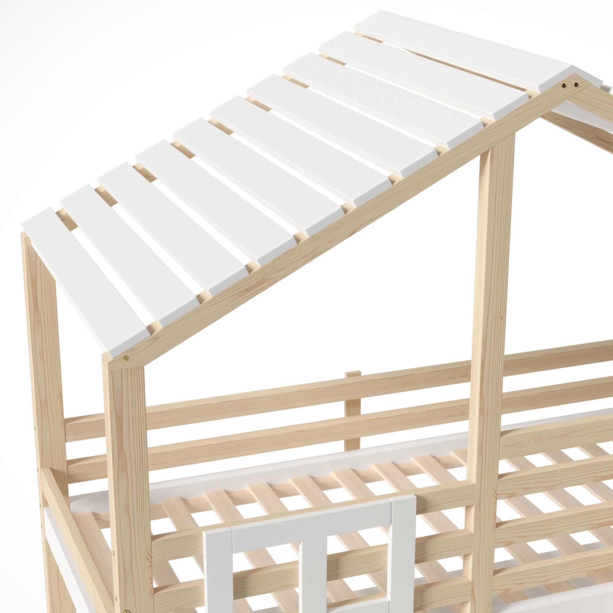 Flieks Etagenbett 90x200cm mit Schließfächer, Kinderbett Hausbett mit Rausfallschutz und Lattenrost, Hochbett Einzelbett mit Treppe, Naturbelassen