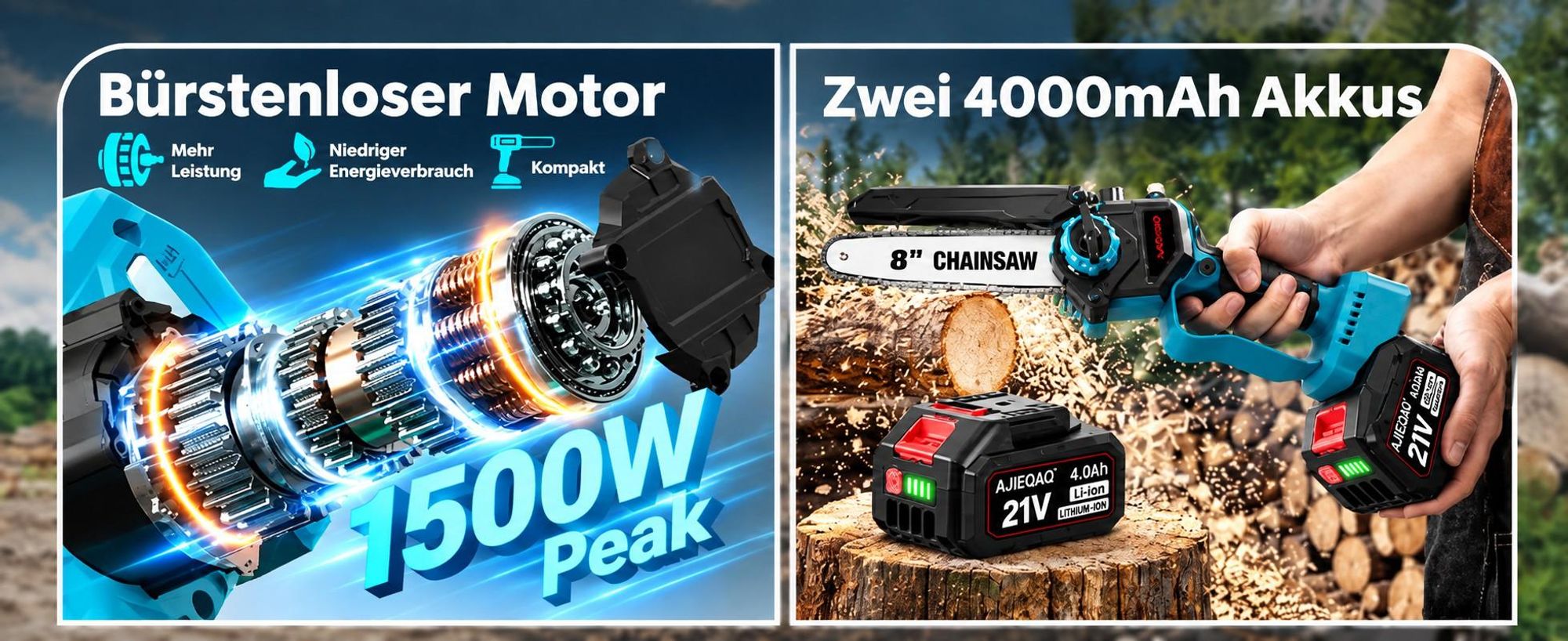 Akku-Kettensäge 6/8 Zoll, 2-in-1 Mini Kettensäge Brushless, 1500W, 2×21V 4,0Ah Akku, Automatische Kettenschmierung, Werkzeuglose Kettenspannung