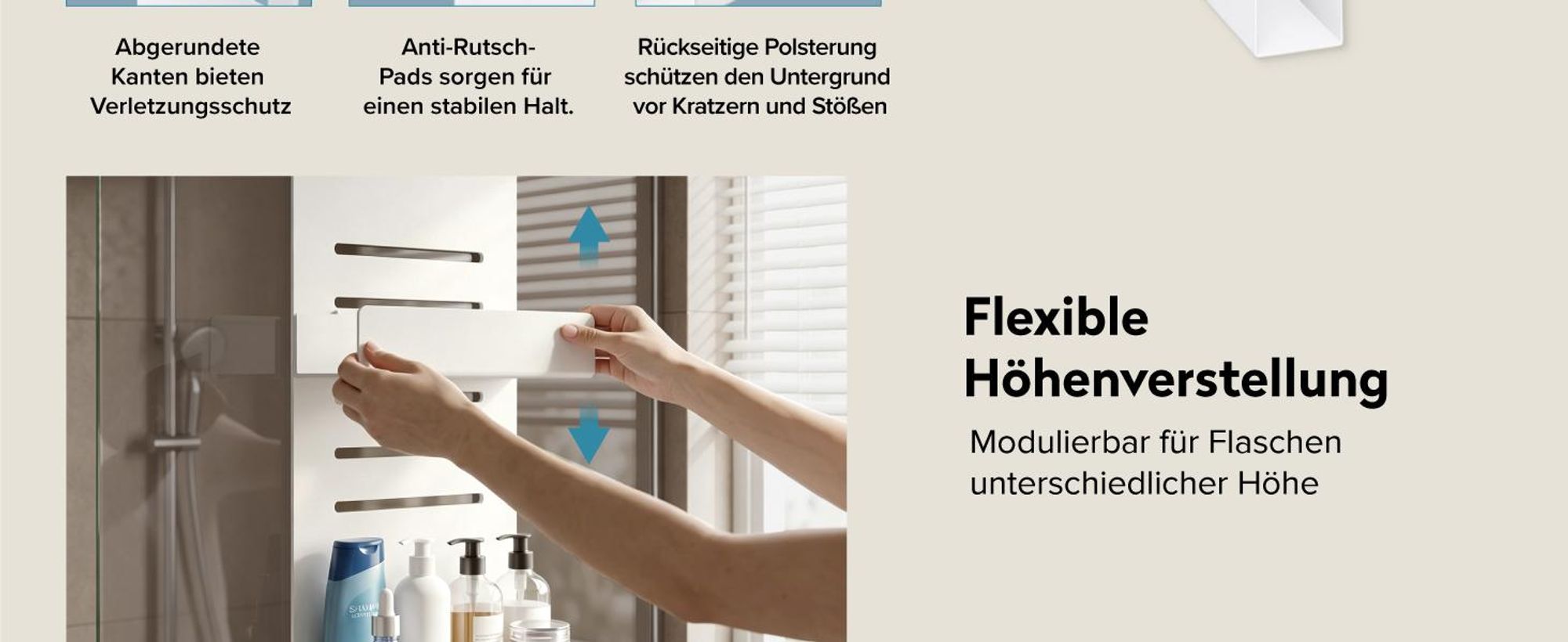 doporro Duschregal ohne Bohren, 2-stöckige Duschablage zum Hängen für Glasduschtüren und Duschwände, höhenverstellbar mit 3 Haken, Weiß Oryne-01