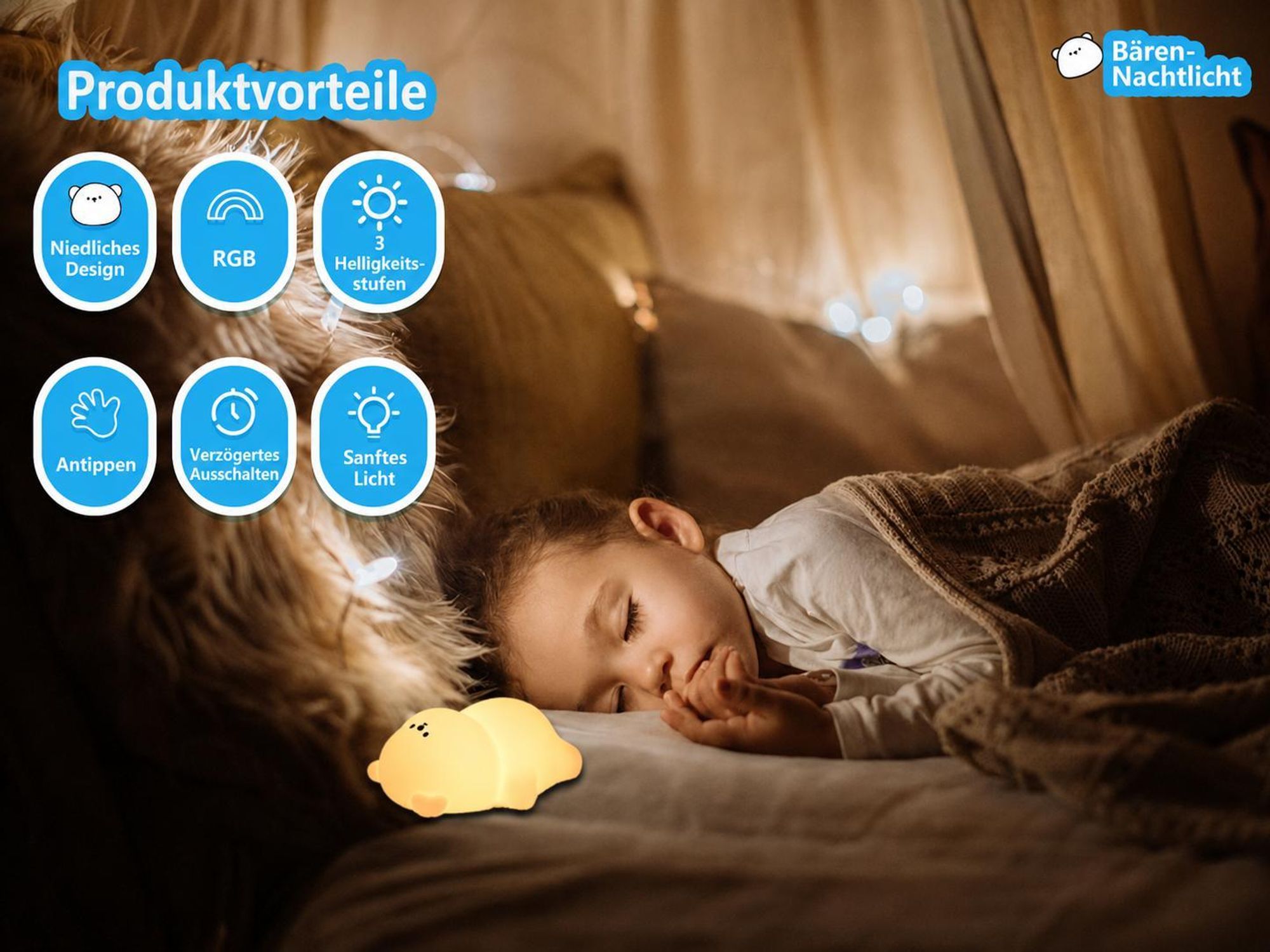 Nachtlicht Bärenform, Farbwechsel-Licht mit Regenbogeneffekt, Touch-Steuerung durch Tippen & Kneten, BPA-freies Silikon, USB-C, 1200mAh