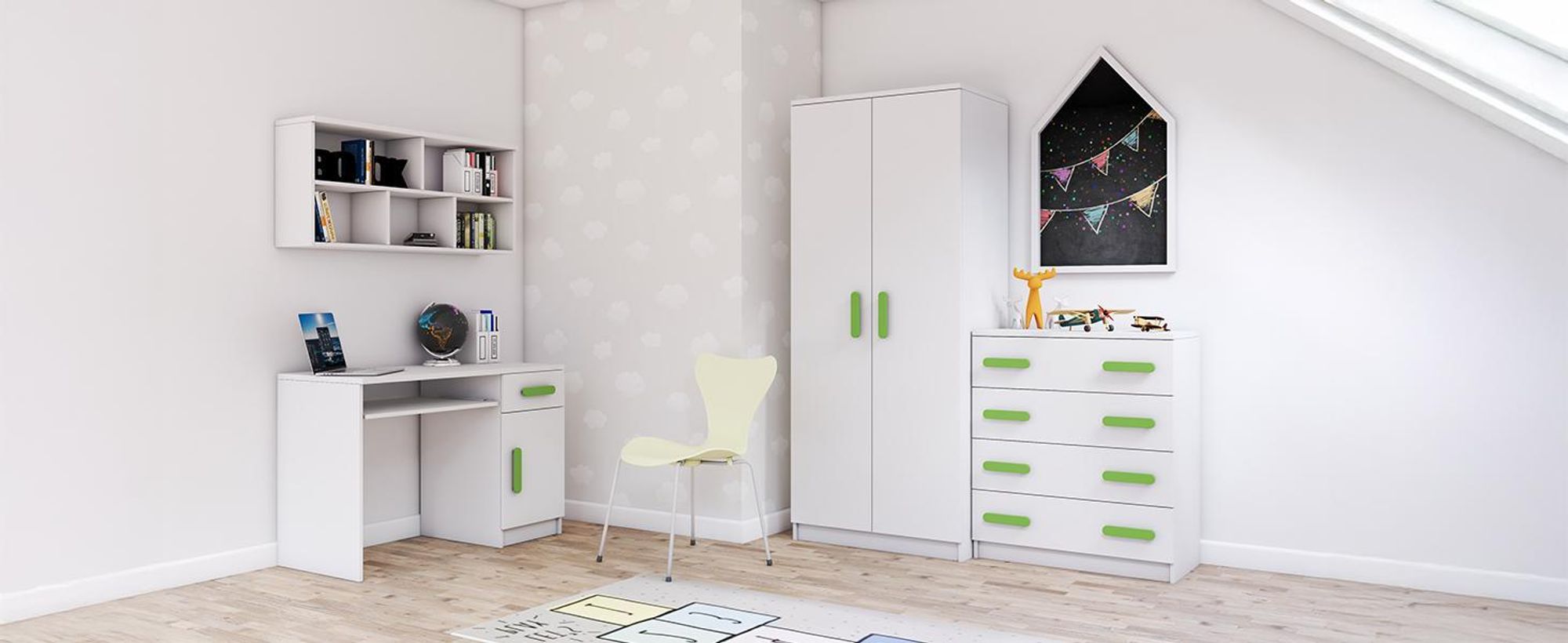 Drehtürenschrank JONAS 06 – Kinderkleiderschrank 80 cm Weiß/Weiß mit grünen Griffen