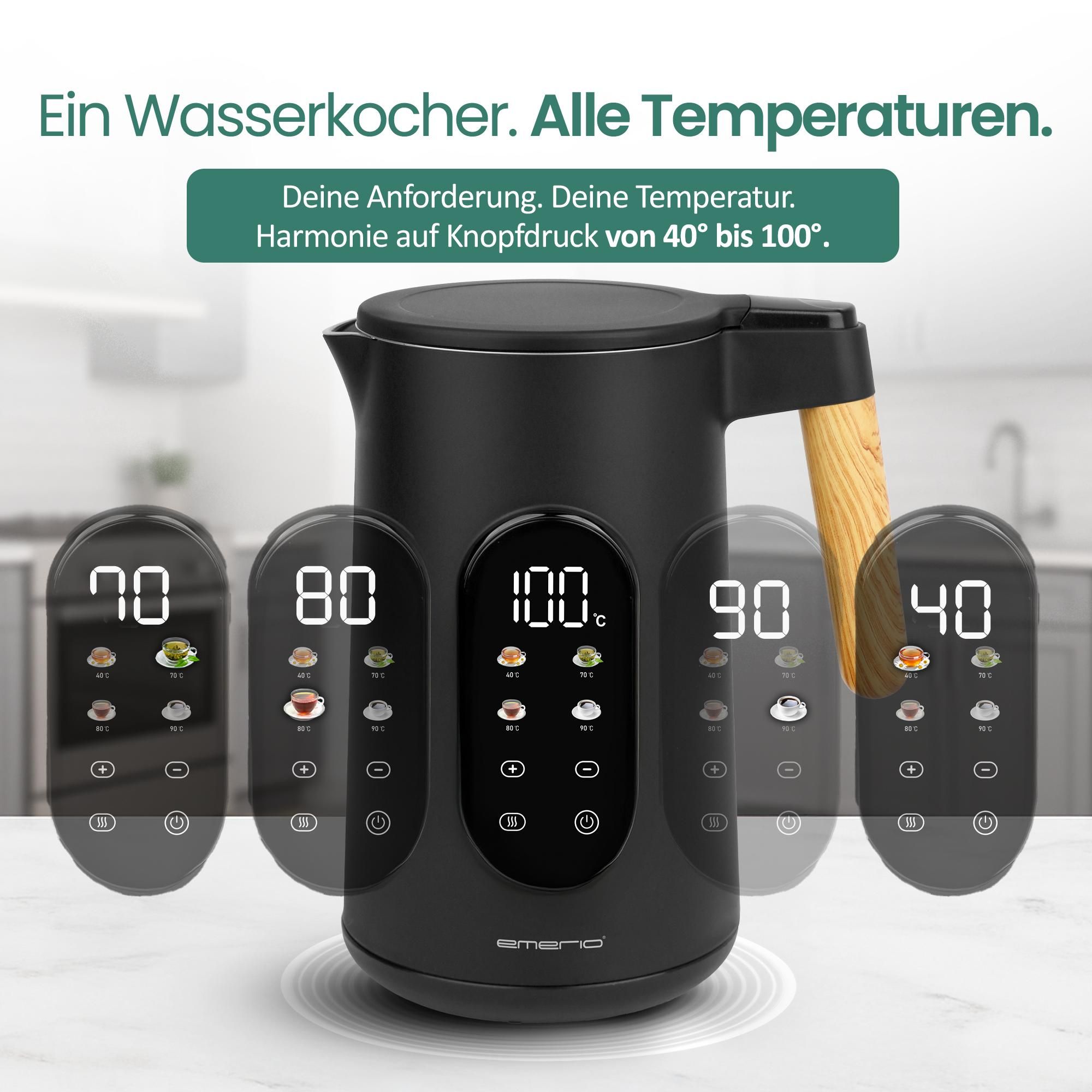 Emerio Wasserkocher mit Temperaturregelung 1,7 Liter – Touch-Bedienung und 360° drehbar – Warmhaltefunktion – 2200 W – Retro – WK-132230