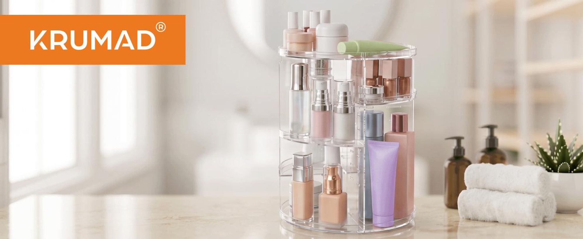 KRUMAD Schminktisch Organizer, Kosmetik Organizer drehbar, Make-up und Parfüm Aufbewahrung, 7 Höhenstufen, verstellbare Böden, Kunststoff