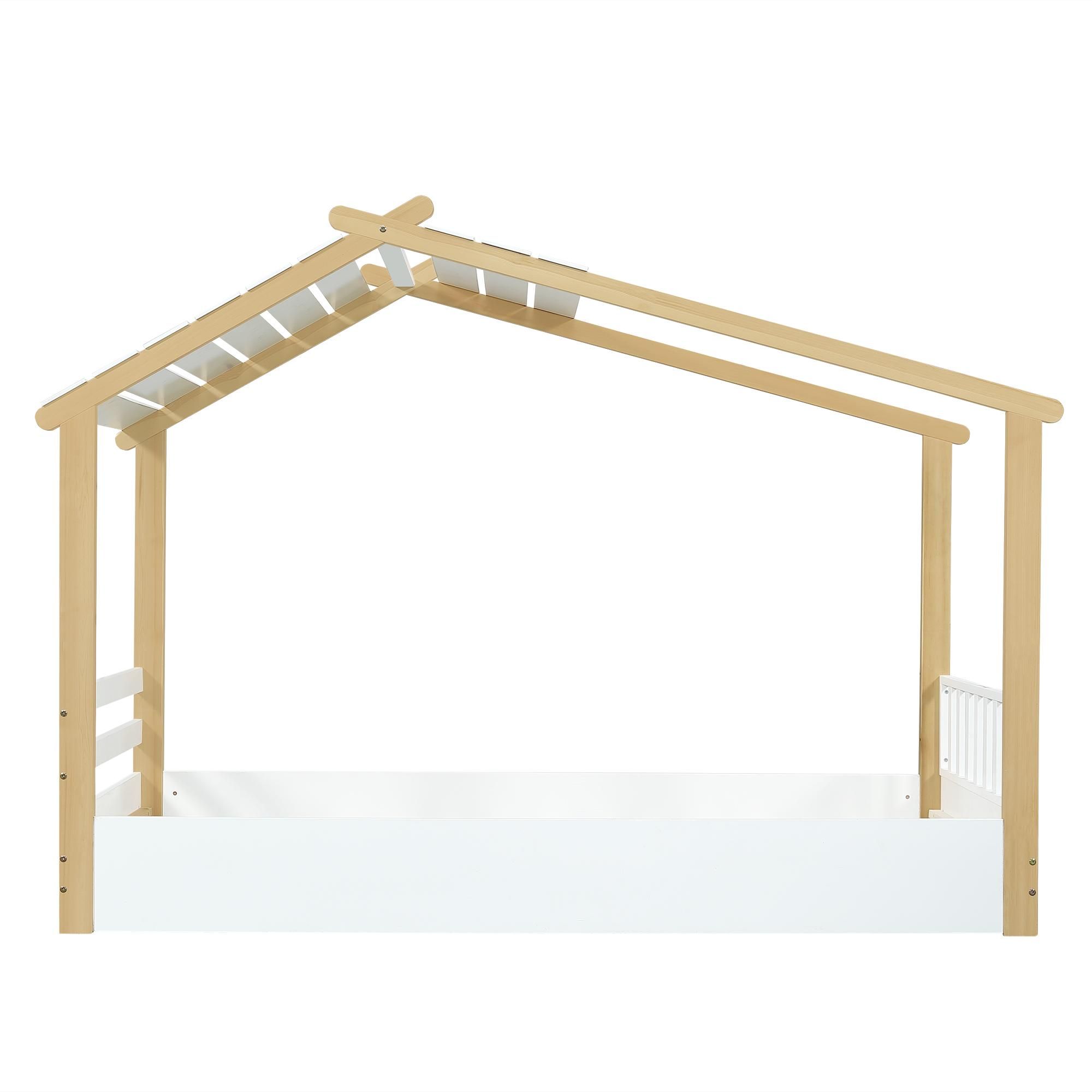 Flieks Kinderbett Hausbett 90x200cm mit Lattenrost, Holzbett Einzelbet für Kinderzimmer, Klassisches Kinderbett, Naturbelassen