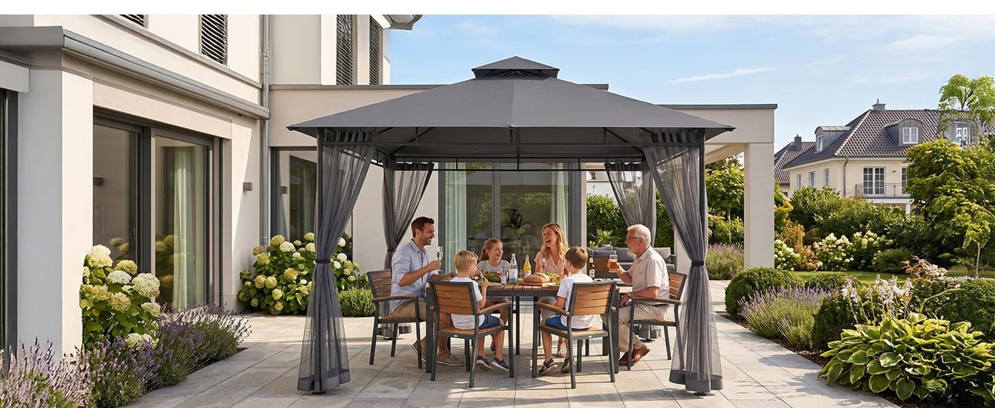 Sekey Pavillon 3×3 m Gartenpavillon Wasserdicht Doppeldach Gartenzelt mit Moskitonetz UV50+ Partyzelt Festzelt