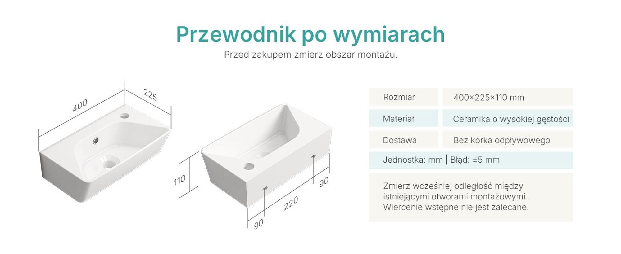 EMKE Umywalka ścienna ceramiczna prostokątna 400x225mm biały połysk Nowoczesna umywalka ścienna z otworem na baterię i przelewem do WC dla gości i małej łazienki