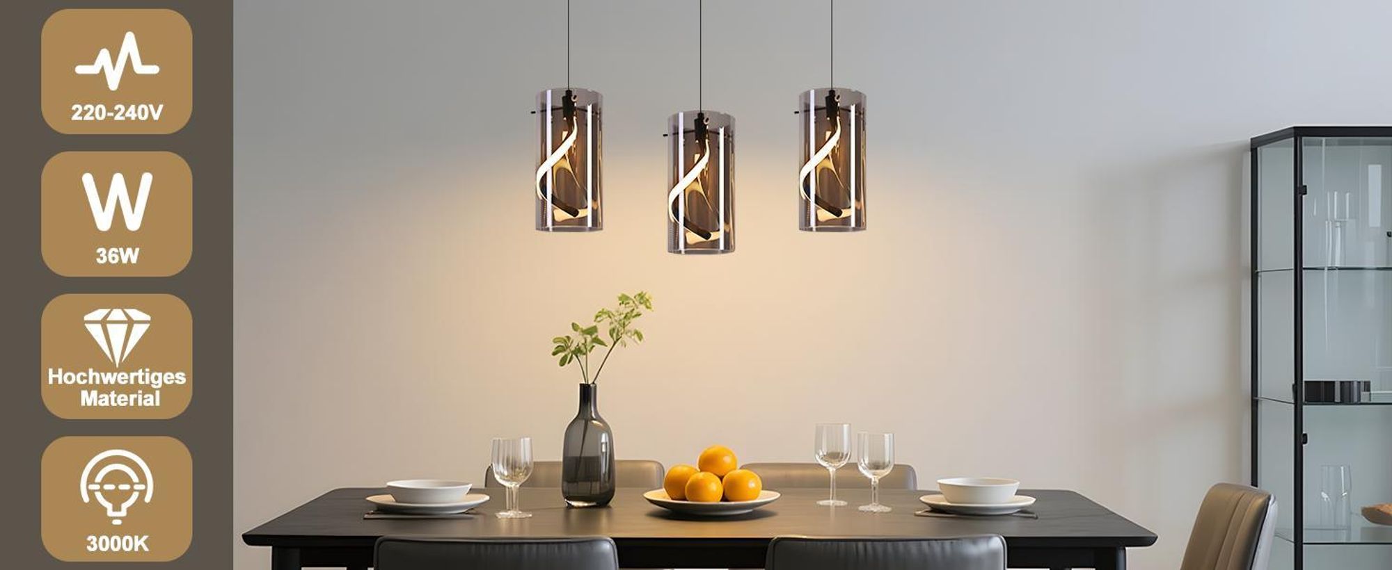 Lampa wisząca LED ZMH do stołu w jadalni, szklana, 1-punktowa, 11 W, styl retro, kolor dymnoszary, 3000 K, ciepła biel, do przedpokoju i stołu w jadalni
