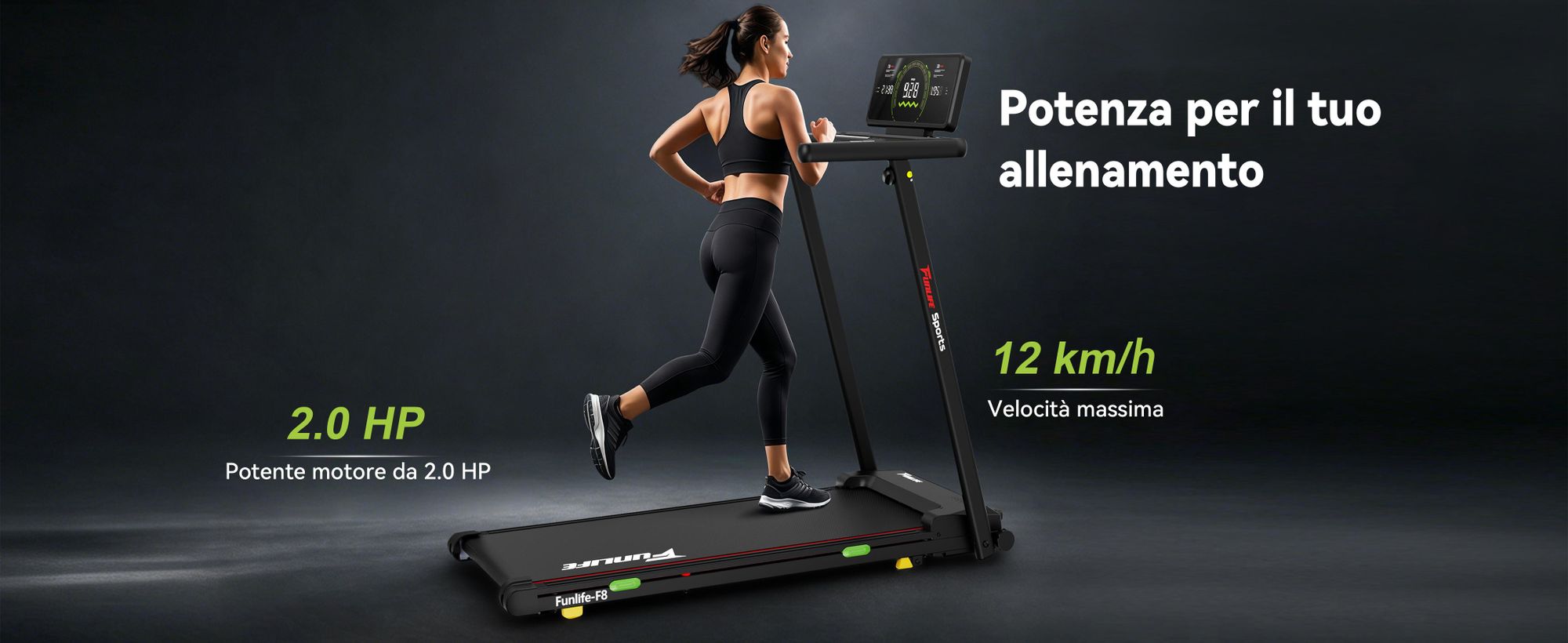 Tapis roulant pieghevole FunLife F8 con inclinazione del 5%, display integrato nel corrimano, piano di corsa extra largo, silenzioso e delicato sulle articolazioni, 12 programmi, 1–12 km/h
