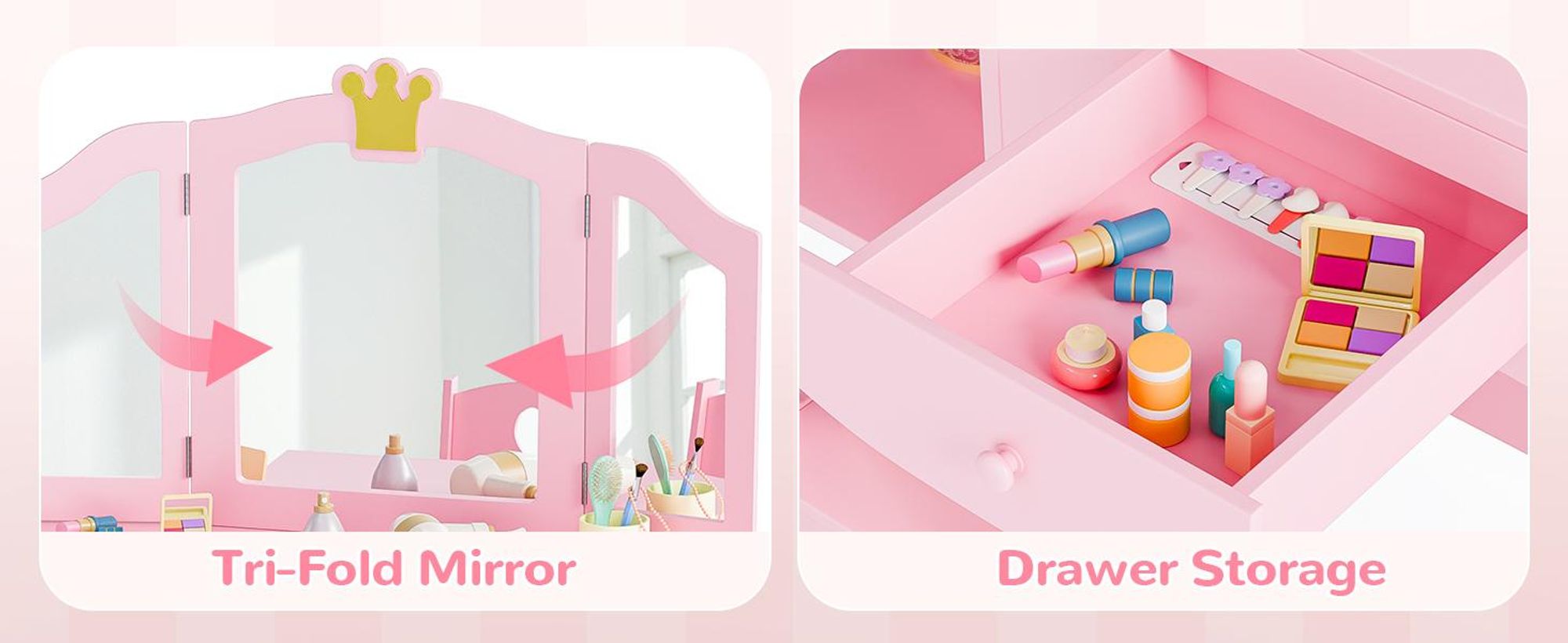 FCH Kinder Schminktisch Prinzessin mit Hocker, Frisiertisch mit dreifach klappbarem Spiegel, Regale, Schublade, Rosa