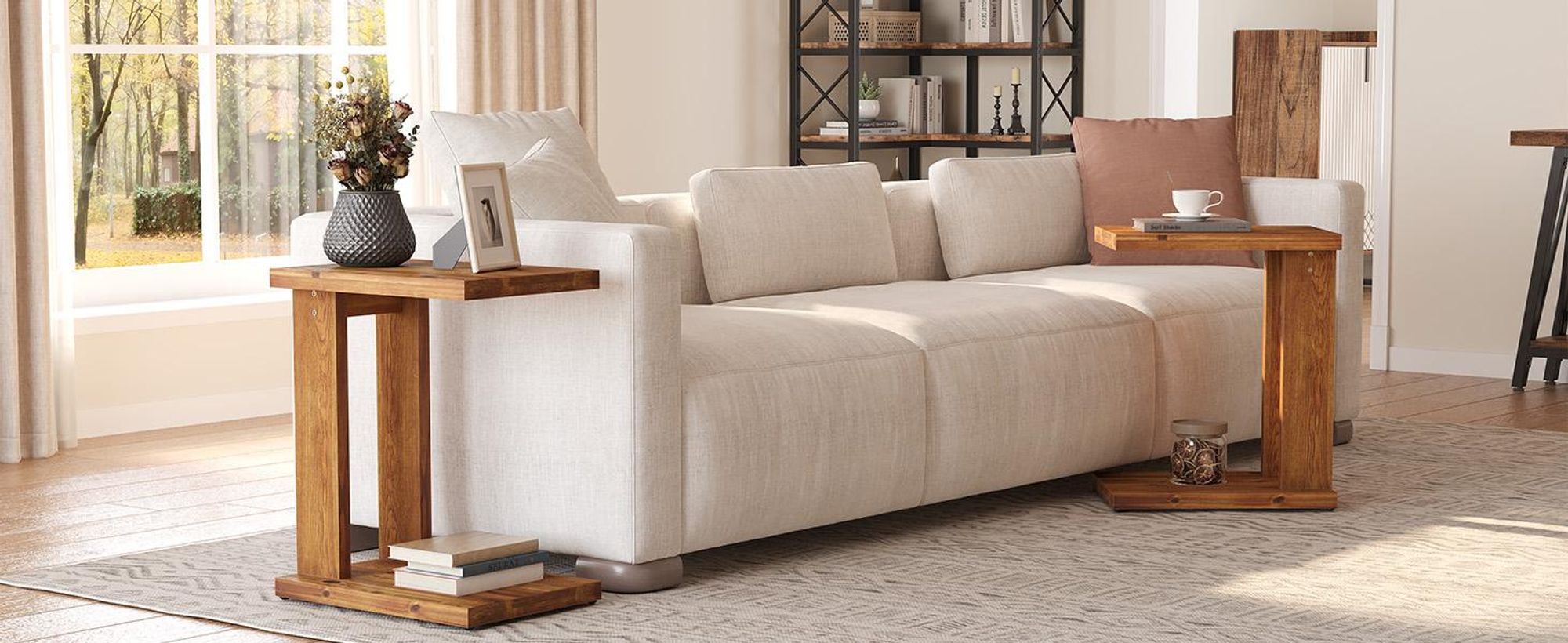 Tribesigns Massivholz-Beistelltische C Form, Beistelltisch Holz für Sofa, 2-Stöckiger Nachttisch für Wohnzimmer, Schlafzimmer