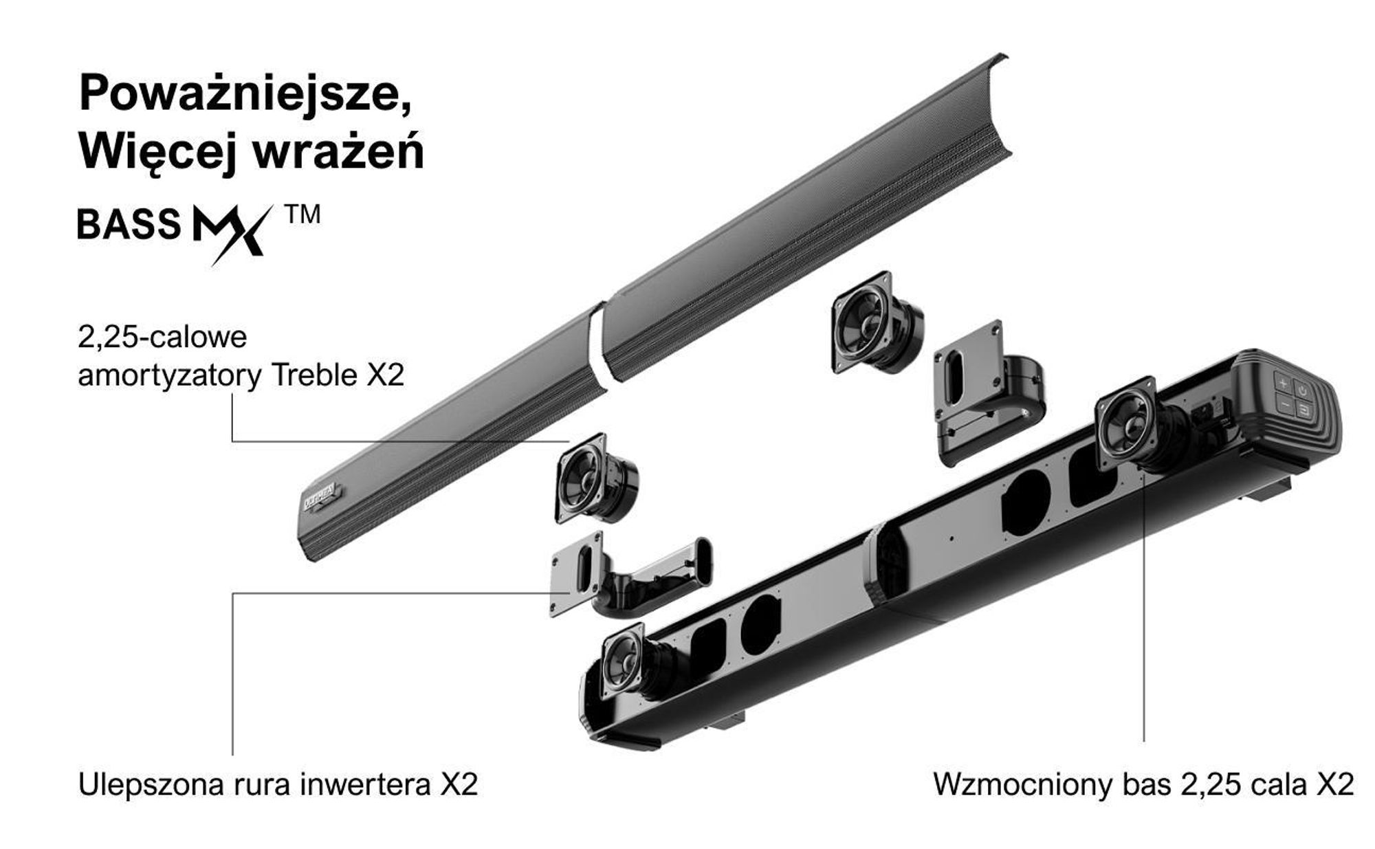 Soundbar ULTIMEA do telewizorów, dzielony soundbar 2 w 1 o mocy 100 W z Bluetooth® 5.3, głośnik telewizyjny z 3 trybami korektora i regulowanym basem, ARC/optyczne/Aux