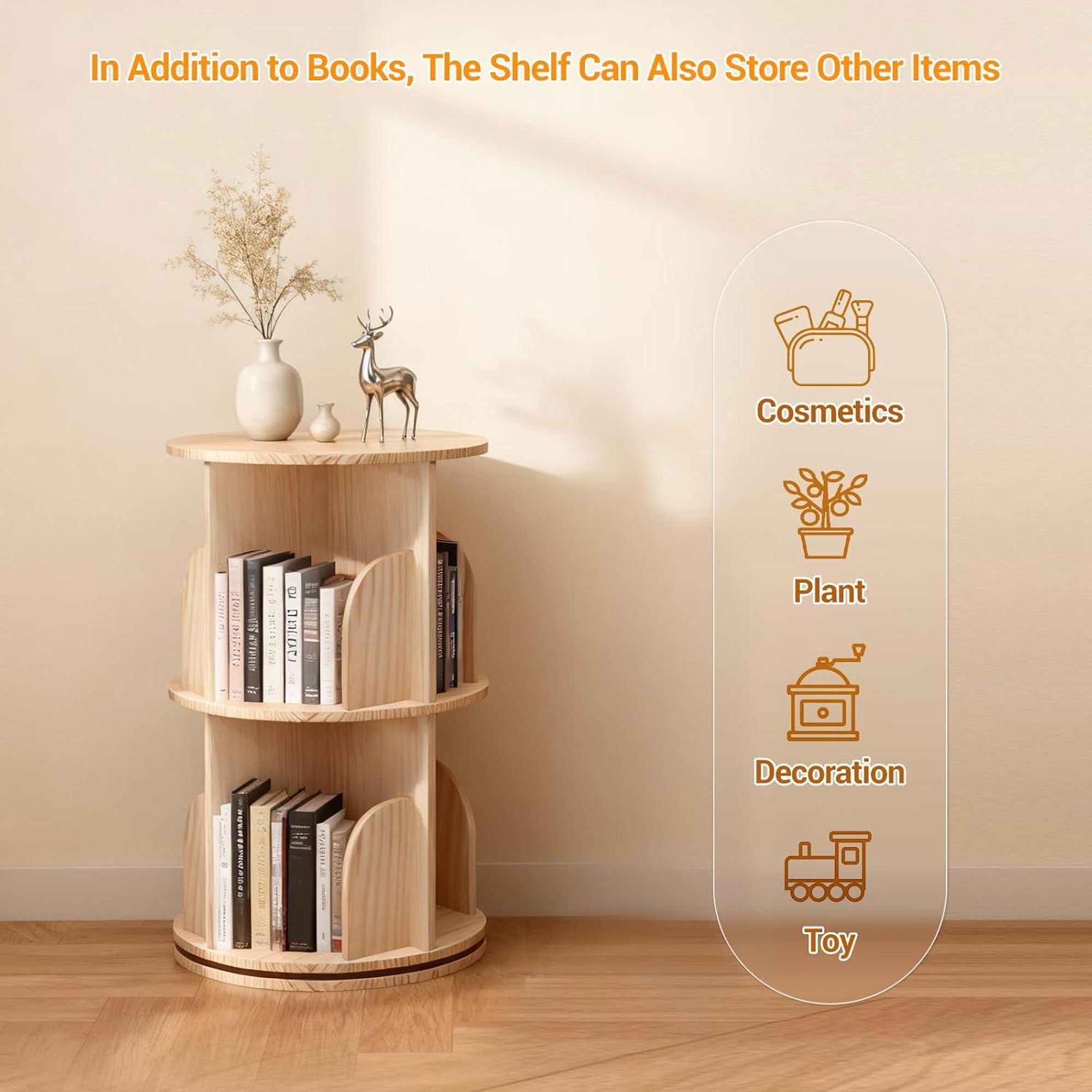 Drehbücherregal 360 Grad drehbar 39x39x67 cm Massivholz Rundregal 2 Ebenen Bücherregal Standregal für Wohnzimmer Schlafzimmer Kinderzimmer