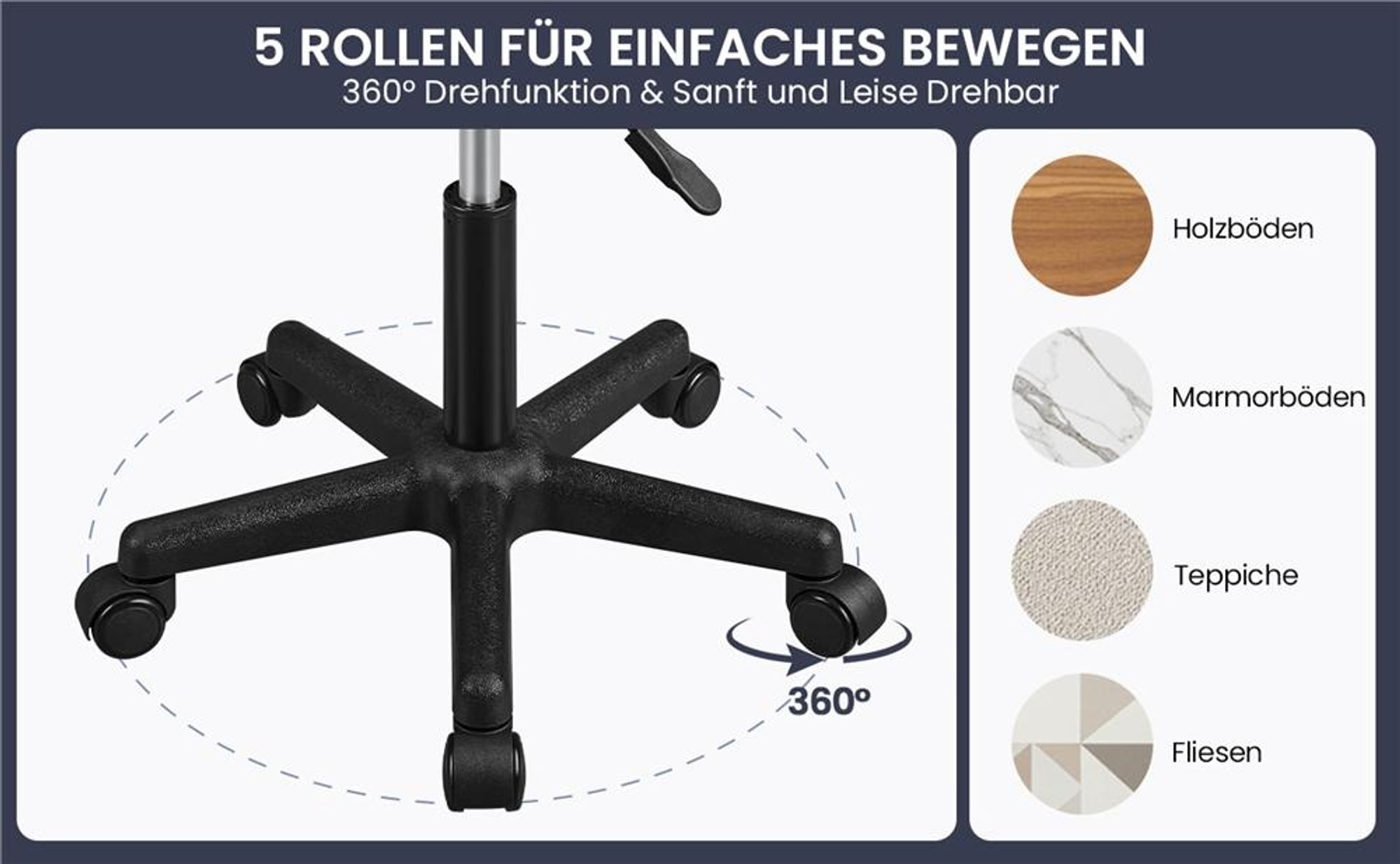 Yaheetech Rollhocker Drehhocker, höhenverstellbarer Arbeitshocker, Drehstuhl mit Rollen, Praxishocker Kosmetikhocker, bis 150 kg, Schwarz