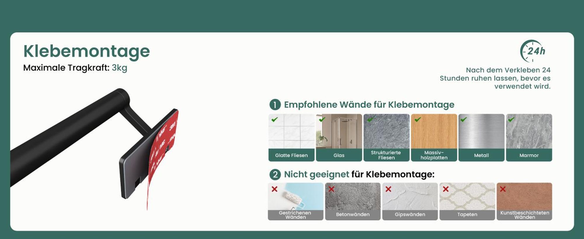 Mai & Mai Toilettenpapierhalter ohne Bohren, Klopapierhalter WC aus Edelstahl, Toilettenpapier Halterung Rollenhalter Matt schwarz Lino-02