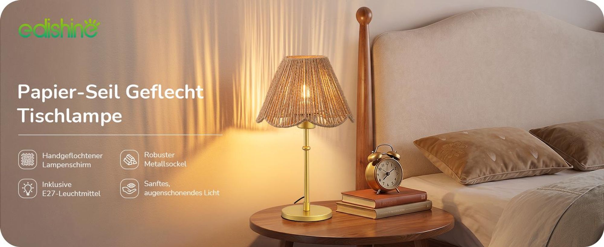 Nachttischlampe EDISHINE Nachttischlampe mit handgeflochtenem Papierseil-Schirm LED wechselbar, Warmweiß, Gold Inklusive 4W LED, 2700K Warmweiß