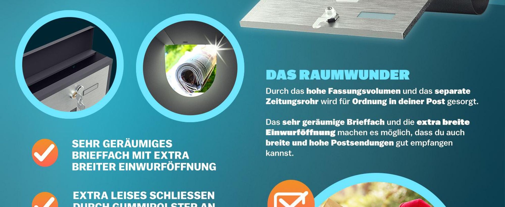 MONZANA® Briefkasten Kreuzschloss mit Kupfer-Schließzylinder drehbare Abdeckung 31x10x34 cm Sichtfenster Namensschild Zeitungsfach legierter Stahl 2 Schlüssel Postkasten Schwarz-Silber