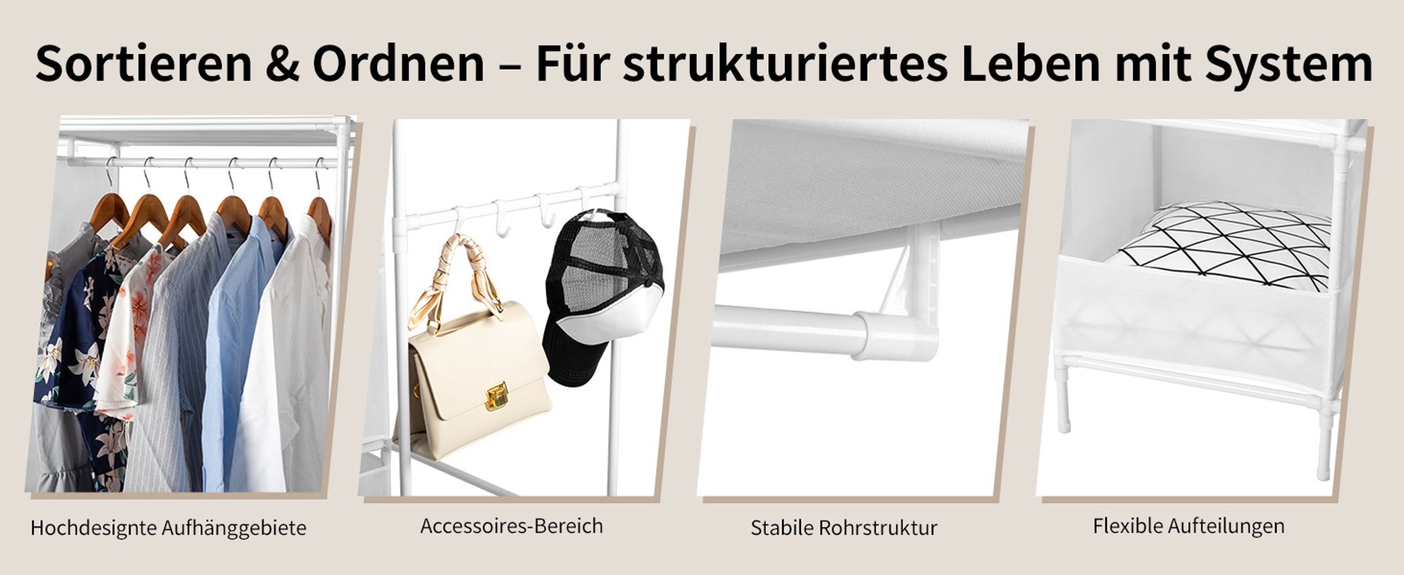 Stoffschrank Kleiderschrank, Kleiderstange und Ablagen，4-layer Doppelreihe, hochbeinig, Vorhang, 105*45*170cm，Weiß