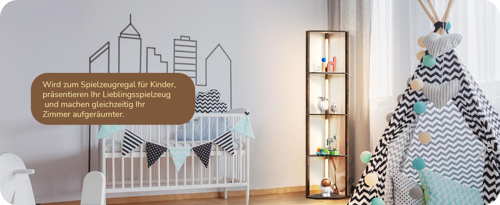 EDISHINE Stehlampe mit 4 Holz-Regal, LED Dimmbar Standleuchte Wohnzimmer, mit 360° Drehbarer Lichtmast, Eckregal Regalbeleuchtung