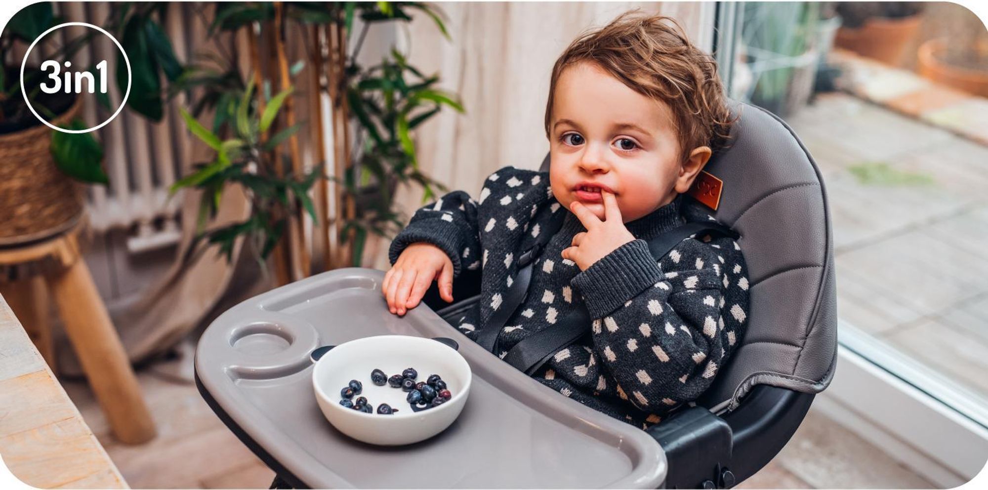 MoMi REKI – Evolutiver Baby Hochstuhl mit 2 Sitzpositionen & spülmaschinenfester Tablett, 6–36 Monate, bis 20 kg – Schwarz