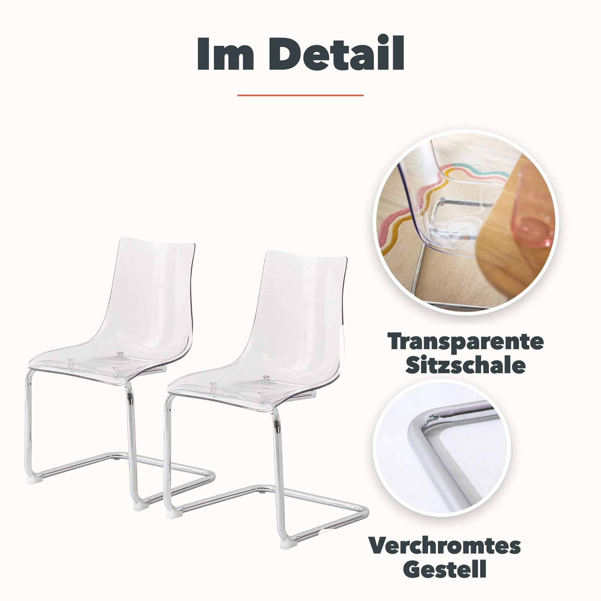 home24 Freischwinger transparente Sitzschale mit verchromtem Gestell 2er Set