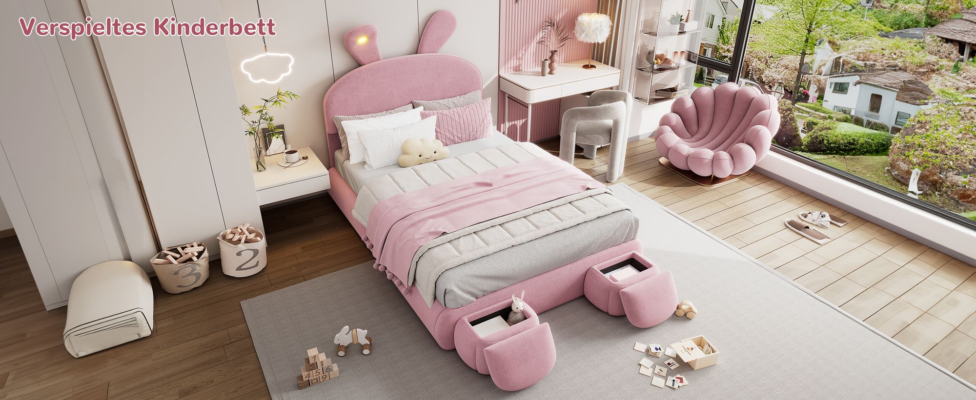 MODFU Kinderbett Polsterbett 140×200 cm mit warmfarbene LED-Licht, Jugendbett Doppelbett mit Kopfteil in Hasenohrenform und zwei Aufbewahrungshockern, Samt(Ohne Matratze), Boxspringbett Hydraulisches mit Bettkasten Stauraum, Samt Rosa