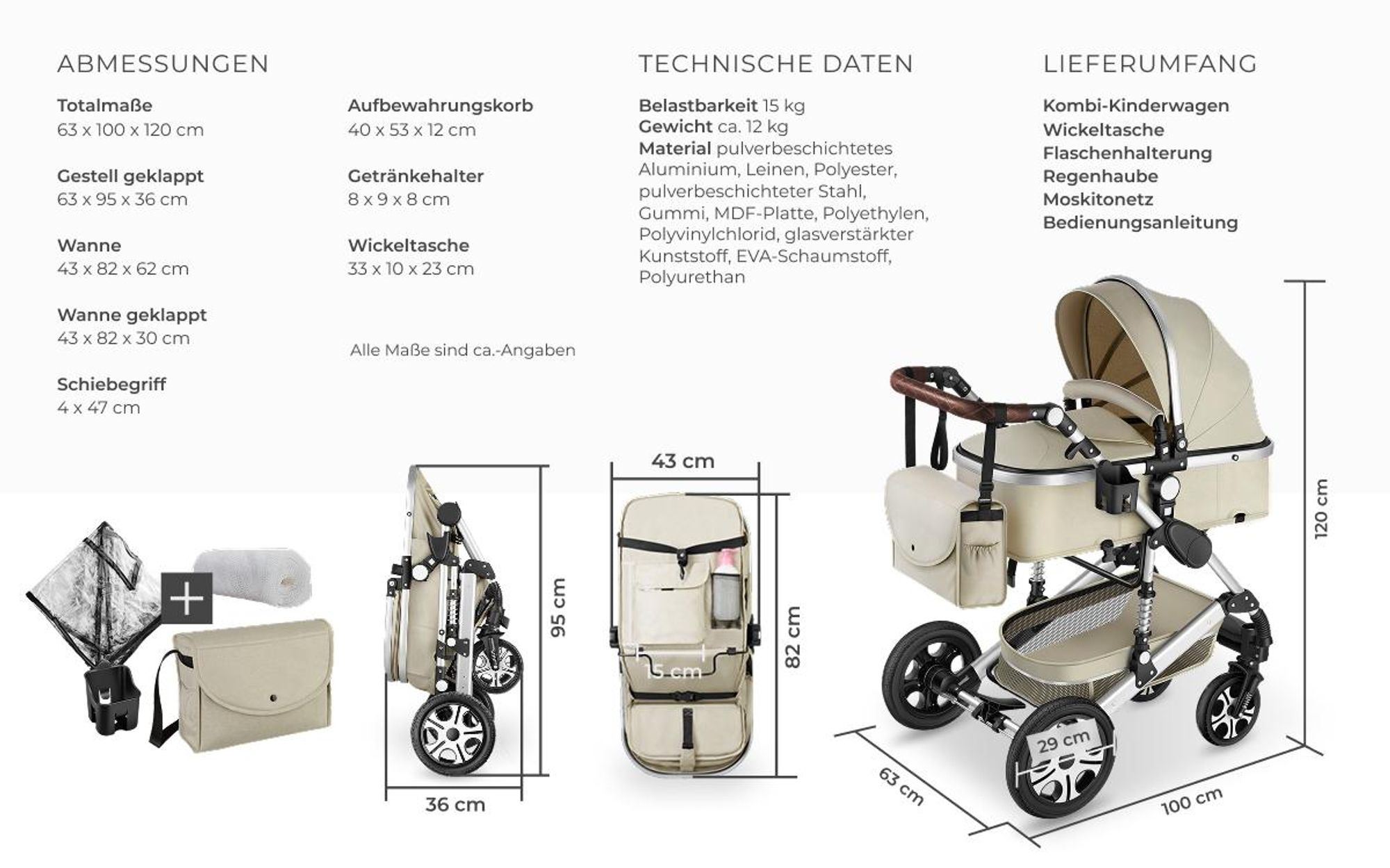 tectake® Kombi-Kinderwagen Mats 2 in 1, klappbar, mit 5-Punkt-Gurt, Bremse, Schutzbügel und Handschlaufe für 0 bis 36 Monate geeignet, Belastbarkeit 15 kg